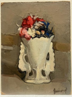 Nature morte de fleurs, vase orné, peinture à l'huile française des années 1920.