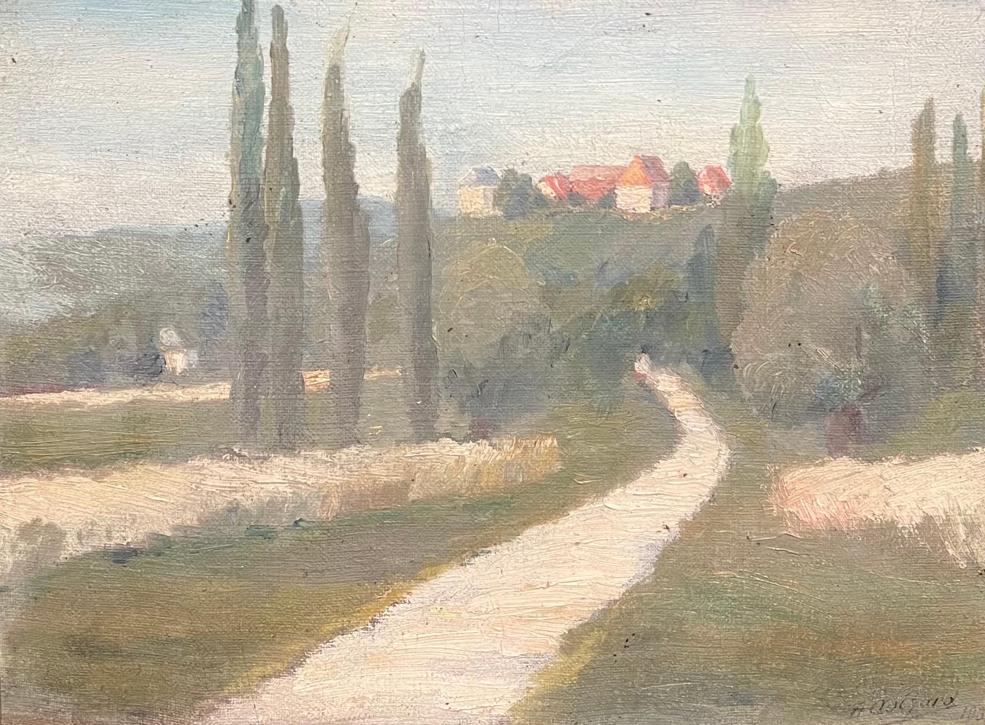 1930's Atmospheric French Provencal Countryside Landscape Cypress Trees in Lane - Painting by French School