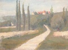 1930's Atmospheric French Provencal Countryside Landscape Cypress Trees in Lane
