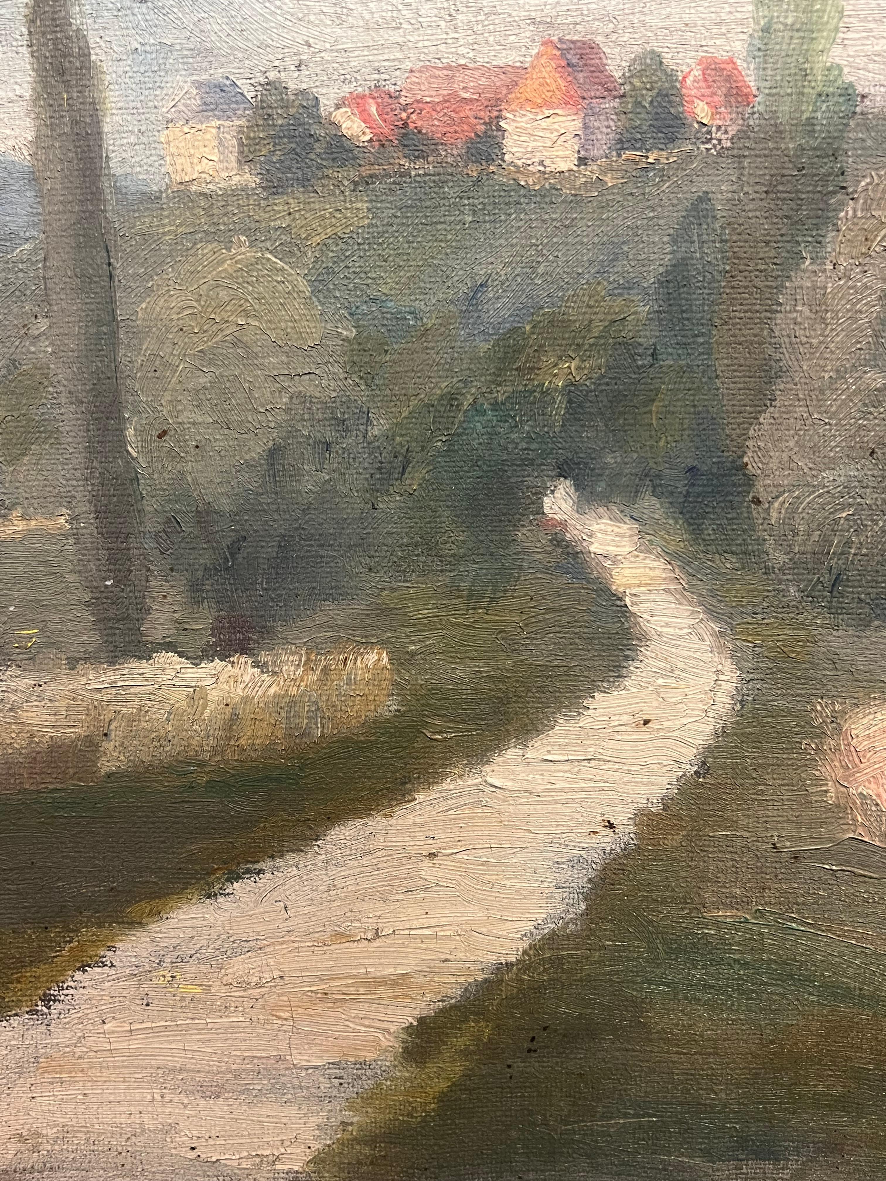 1930's Atmospheric French Provencal Countryside Landscape Cypress Trees in Lane - Post-Impressionist Painting by French School