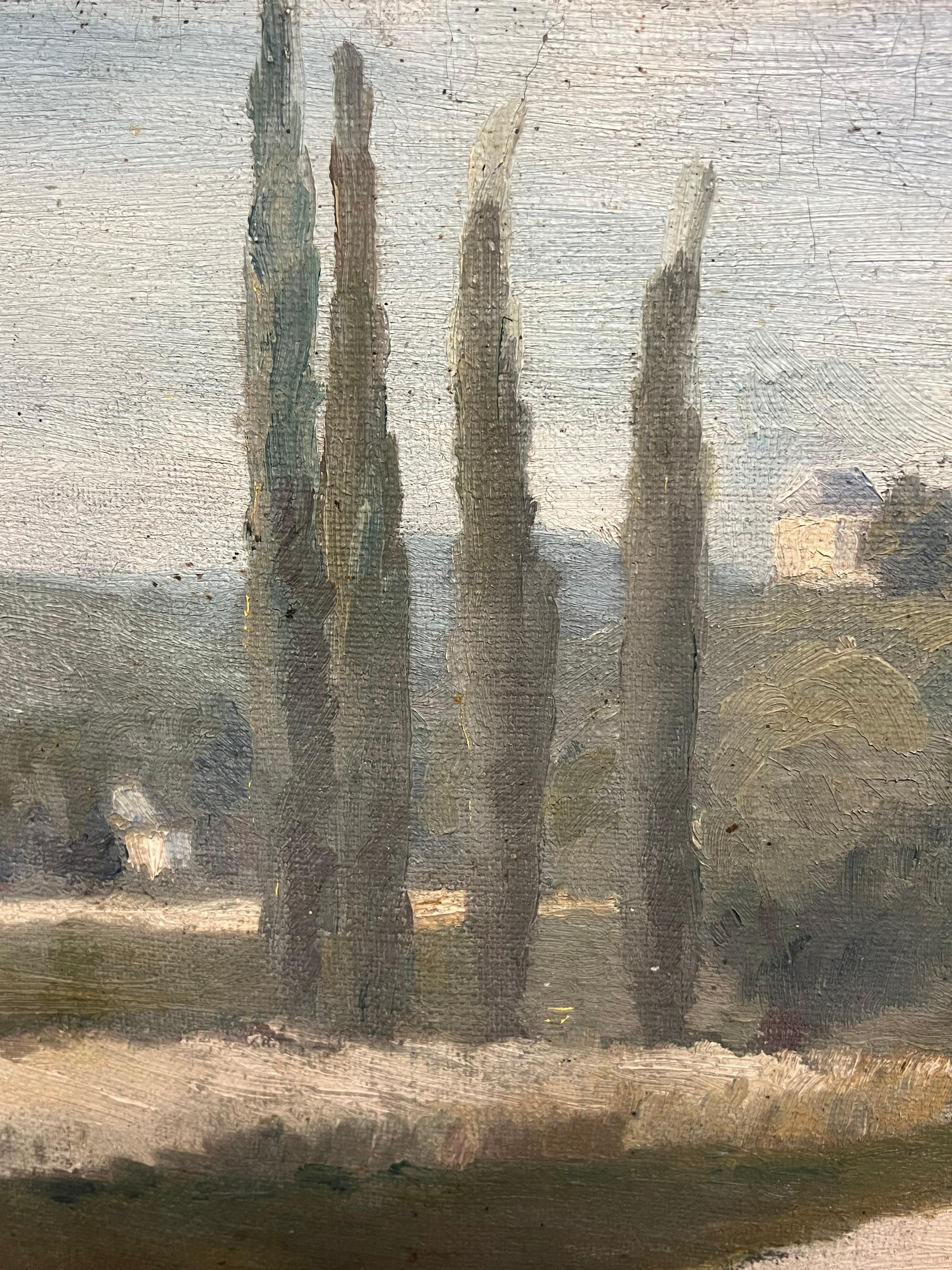 1930's Atmospheric French Provencal Countryside Landscape Cypress Trees in Lane - Brown Landscape Painting by French School