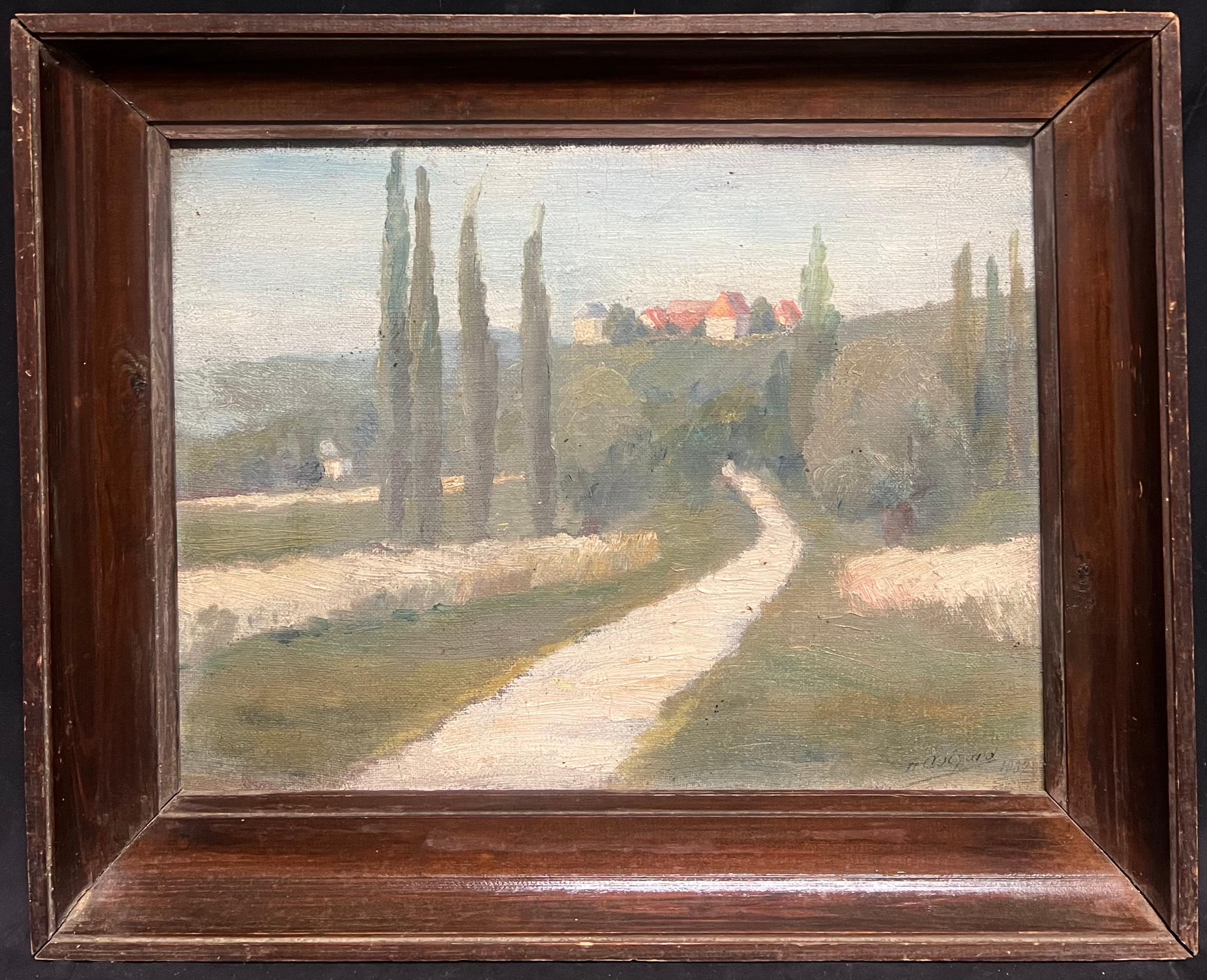 French School Landscape Painting - 1930's Atmospheric French Provencal Countryside Landscape Cypress Trees in Lane