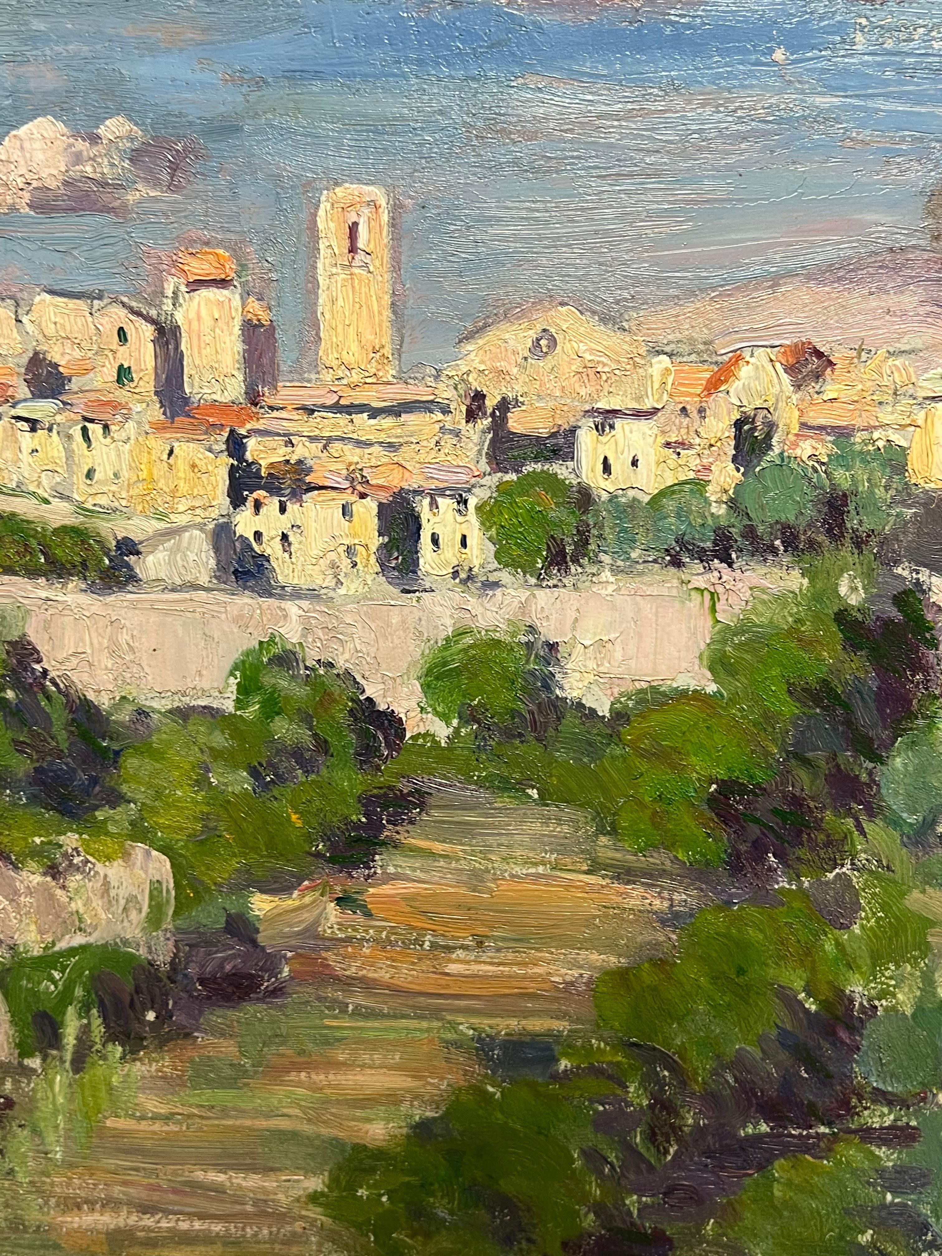 Olio impressionista francese del 1930 Villaggio storico in un paesaggio soleggiato 1