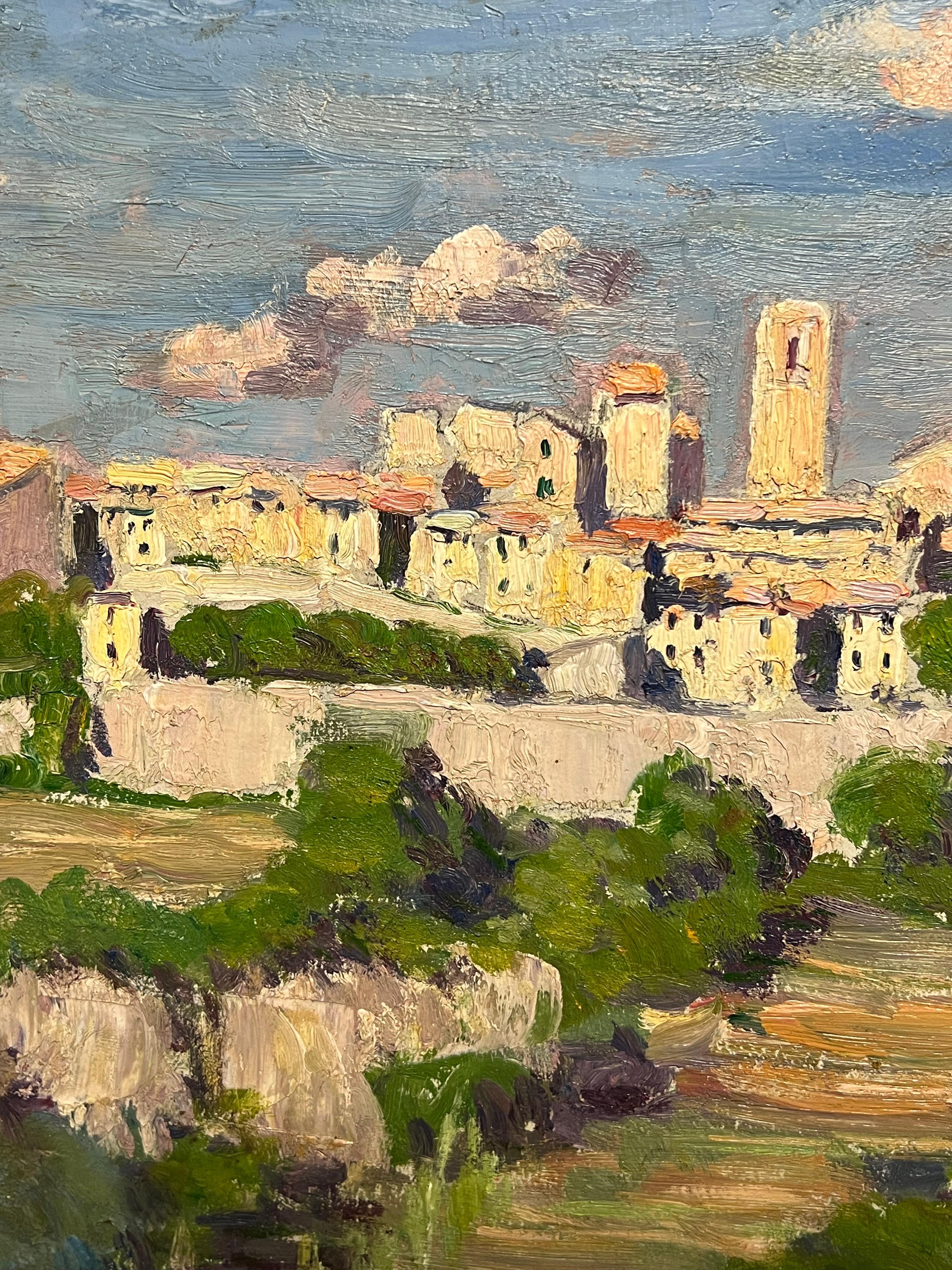 Olio impressionista francese del 1930 Villaggio storico in un paesaggio soleggiato 2