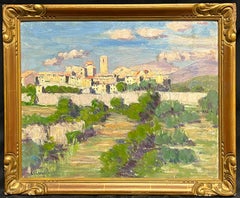 Olio impressionista francese del 1930 Villaggio storico in un paesaggio soleggiato