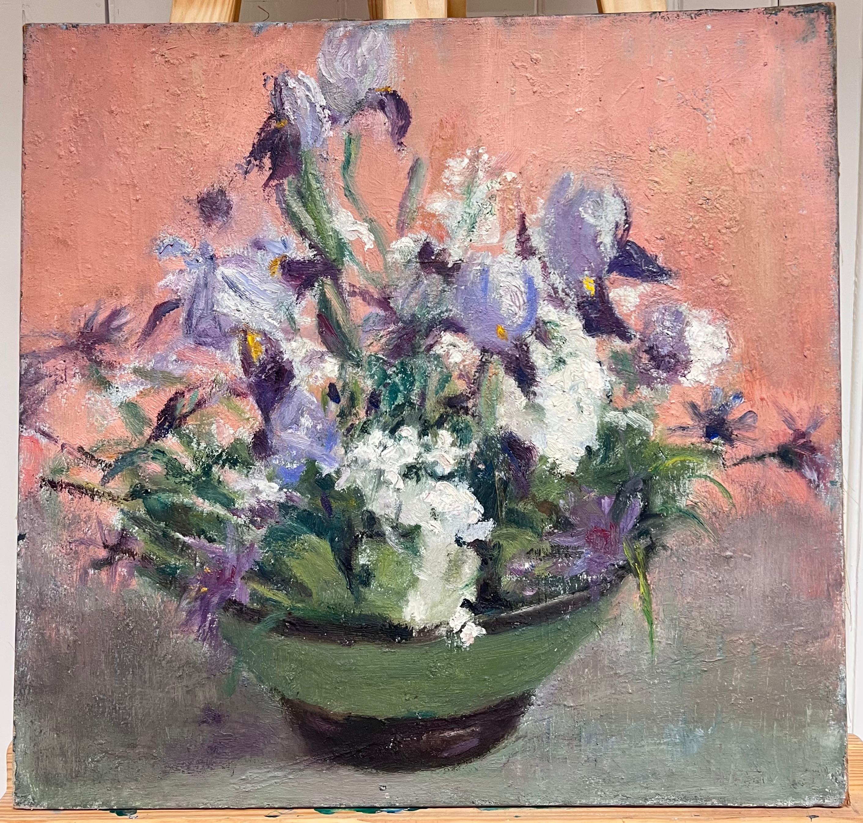 1930's French Impressionist Oil Painting Lilac Flowers in Green Bowl Still Life - Brown Interior Painting by French School