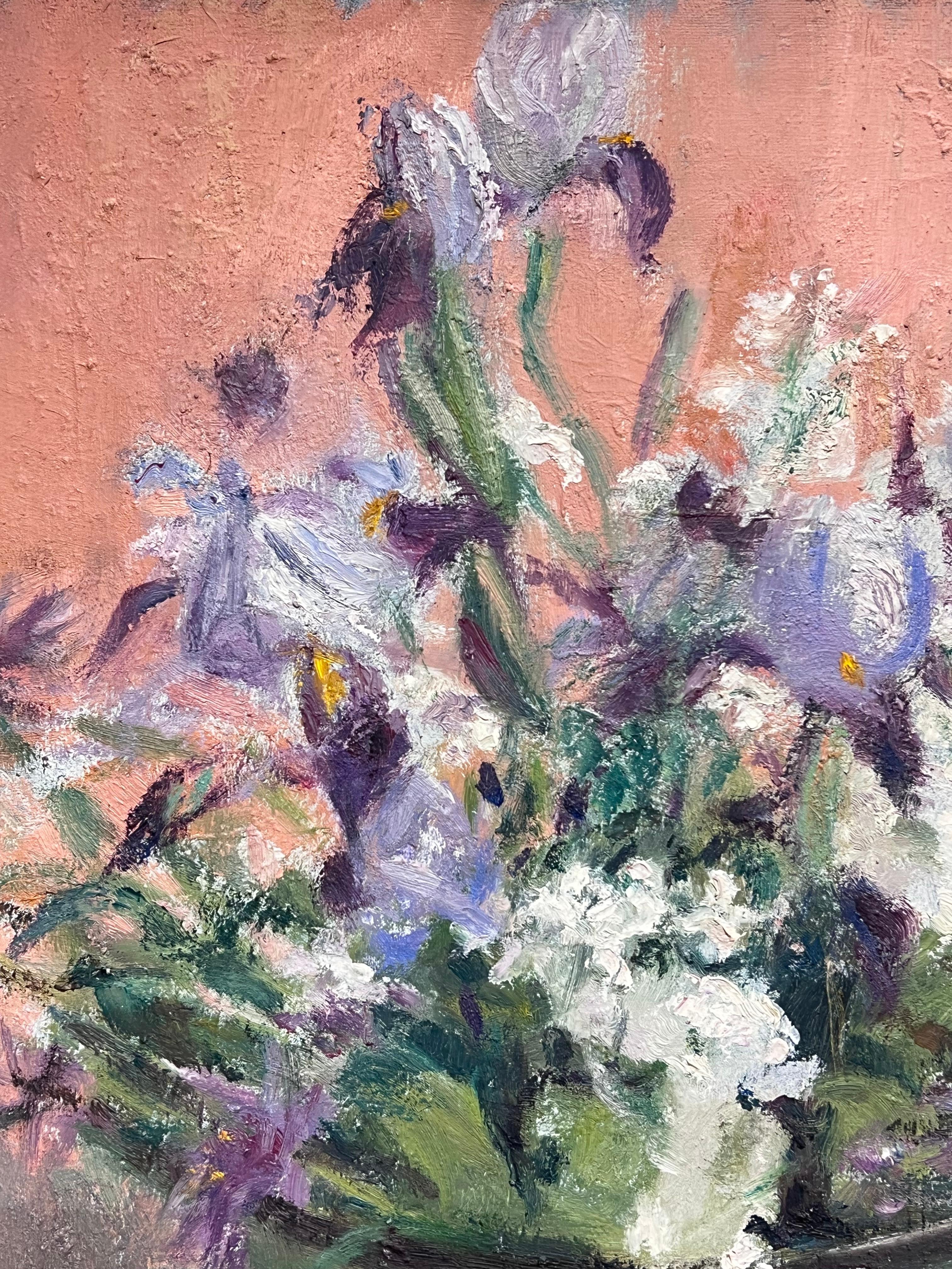1930's French Impressionist Oil Painting Lilac Flowers in Green Bowl Still Life 1