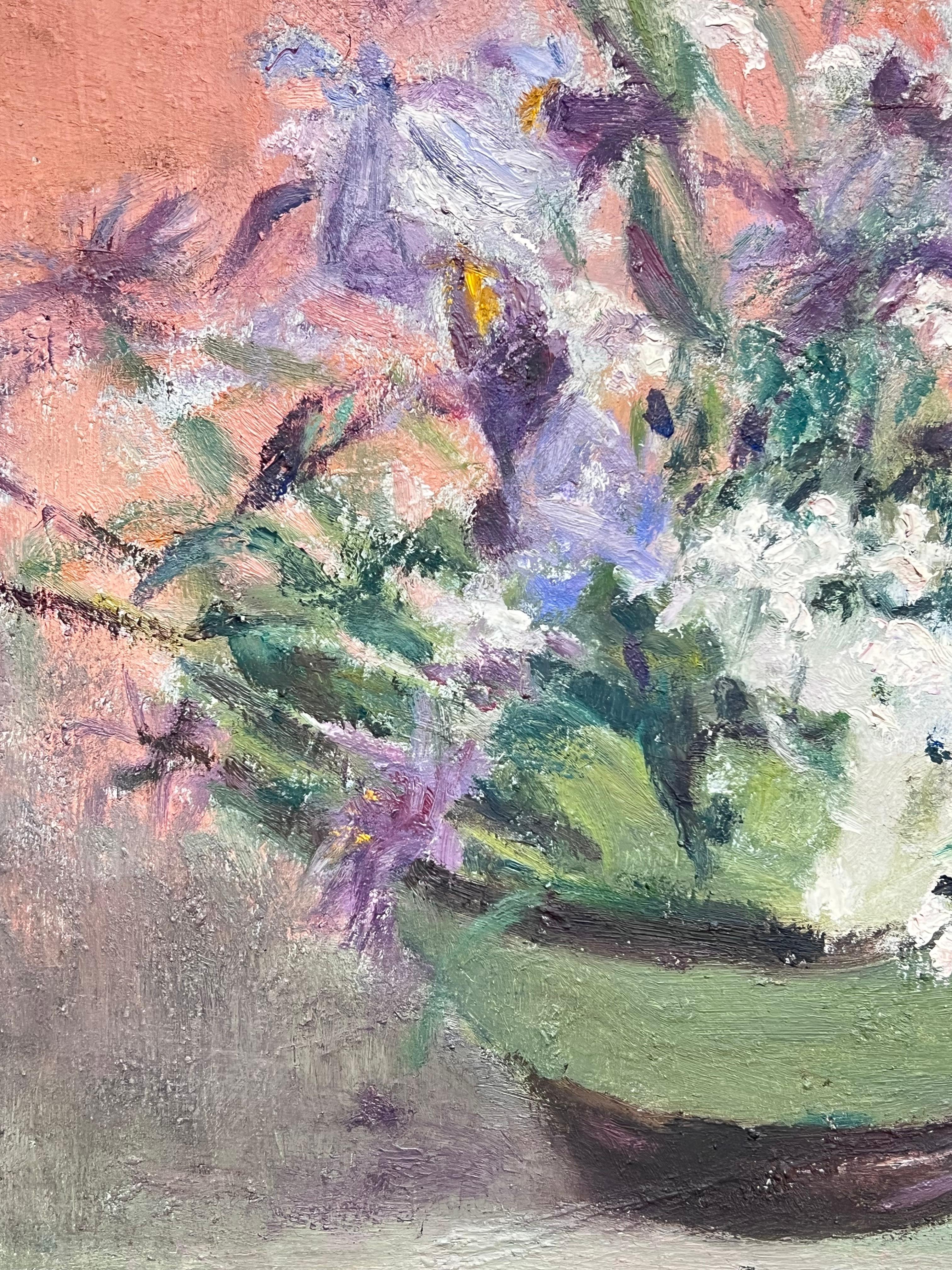 1930's French Impressionist Oil Painting Lilac Flowers in Green Bowl Still Life 2