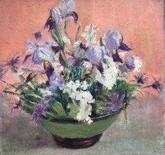 1930's French Impressionist Oil Painting Lilac Flowers in Green Bowl Still Life