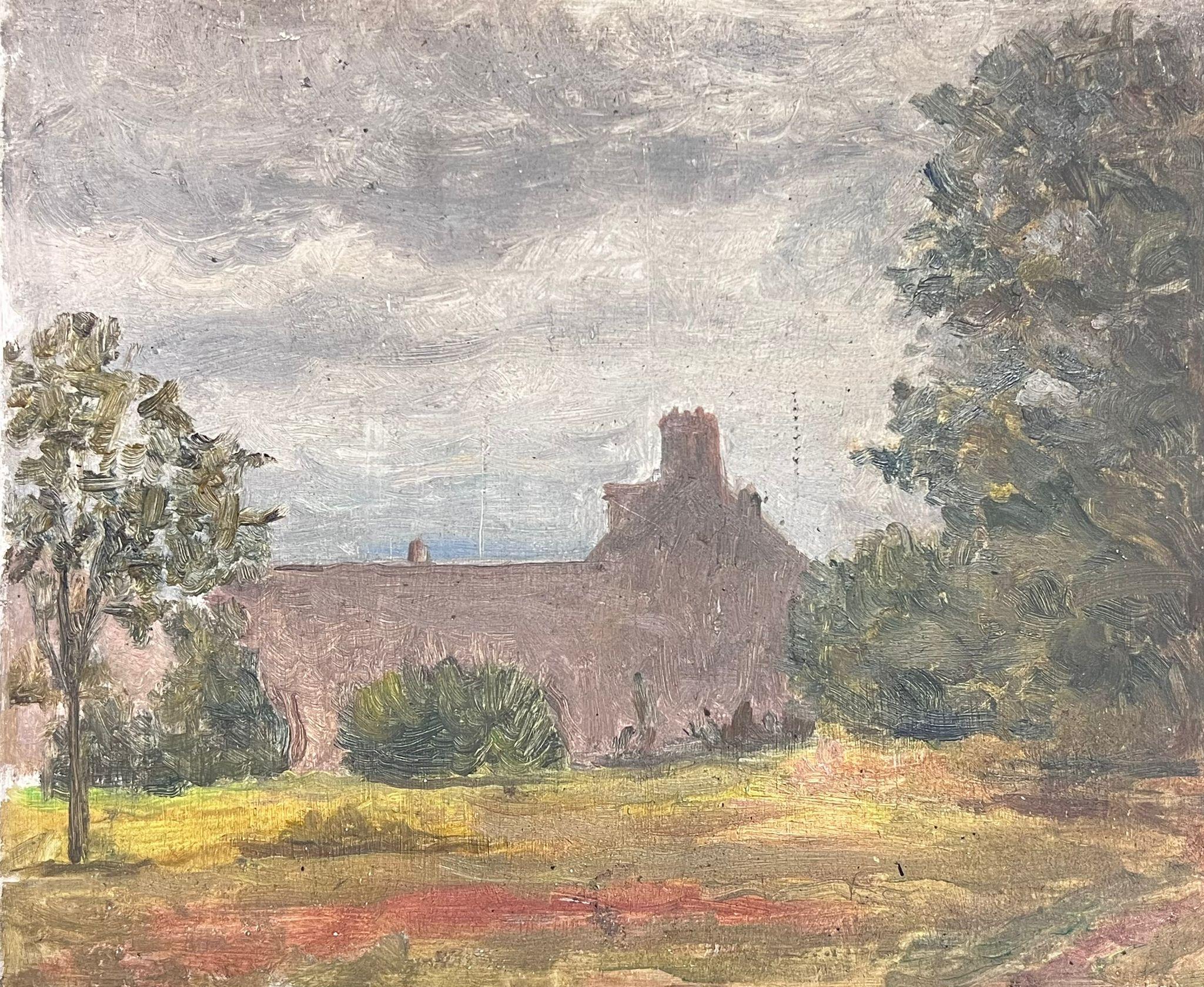 French School Landscape Painting - 1930's French Impressionist Oil Sketch on Board Farmhouse in Landscape