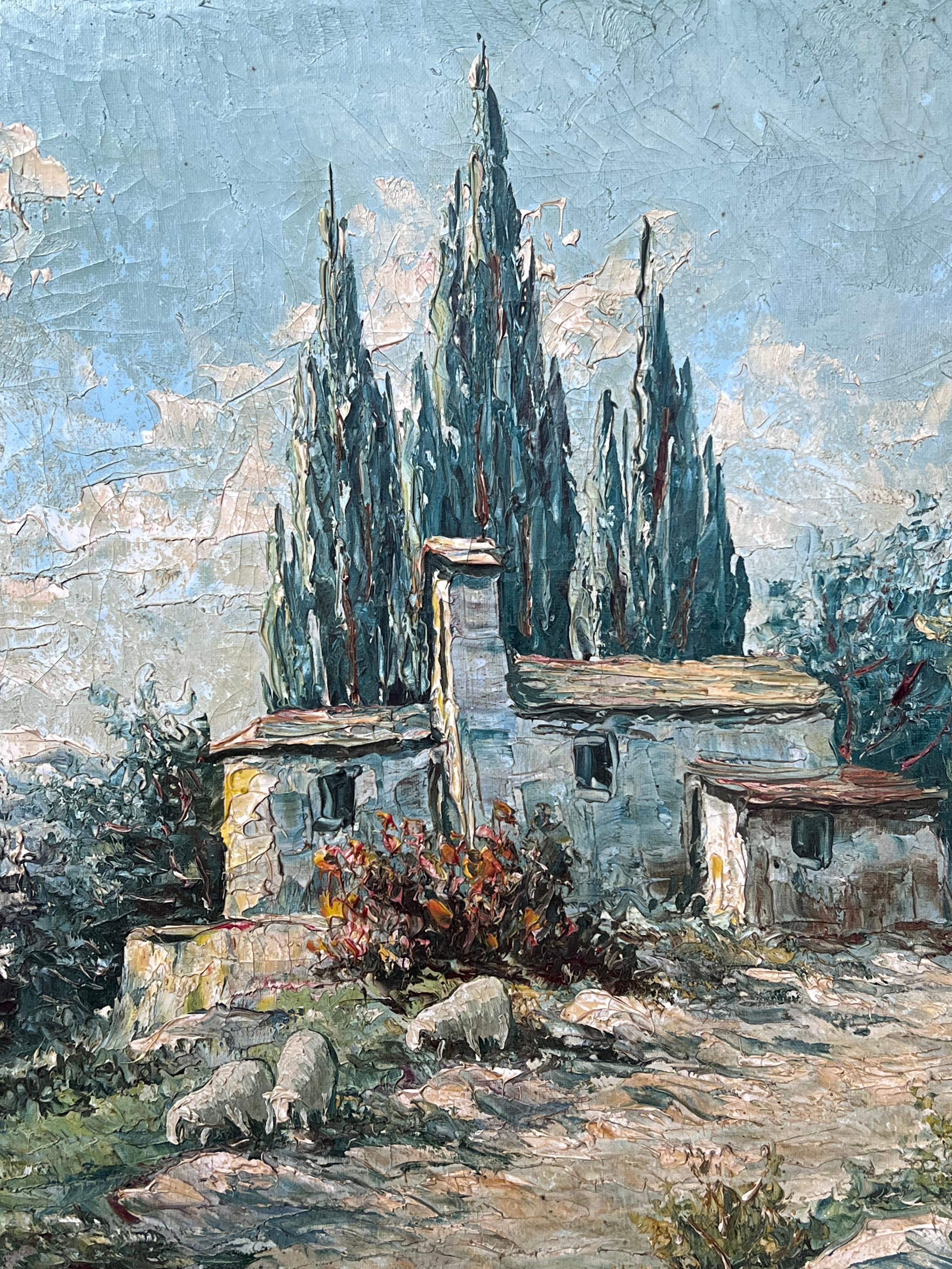 1930s French Impressionist Signed Oil Painting Sheep Grazing Provencal Landscape For Sale 8
