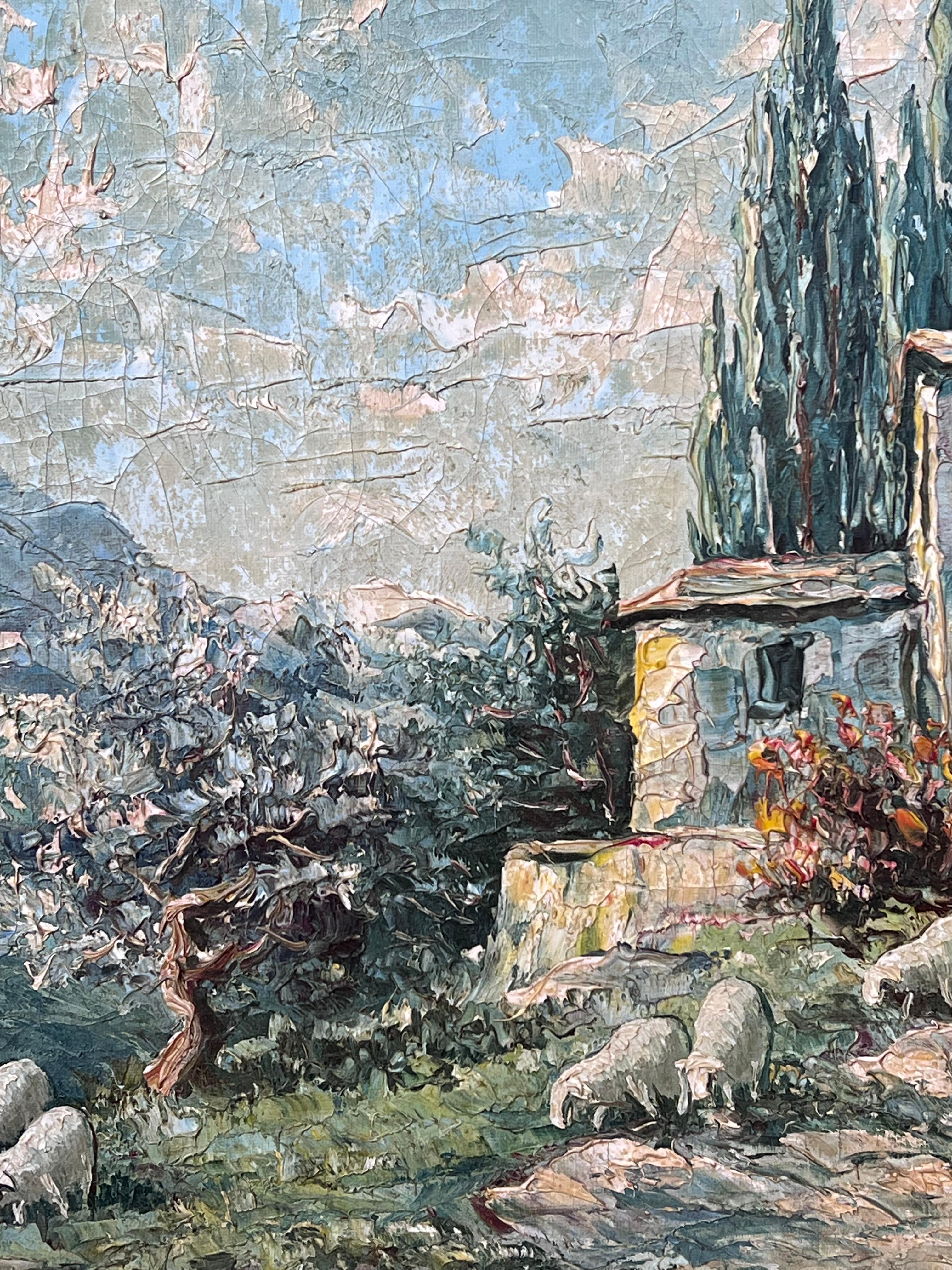 1930s French Impressionist Signed Oil Painting Sheep Grazing Provencal Landscape For Sale 9