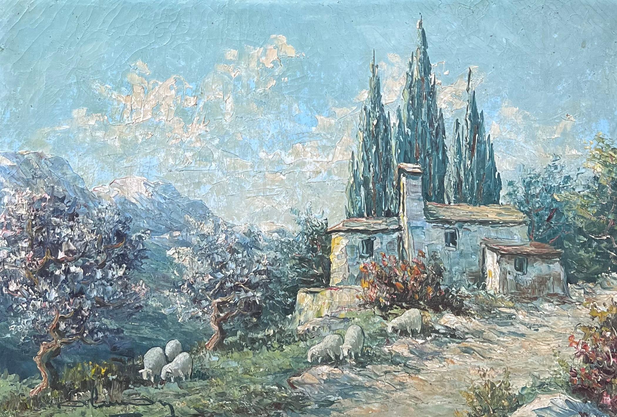 1930s French Impressionist Signed Oil Painting Sheep Grazing Provencal Landscape - Gray Animal Painting by Early 20th Century French School