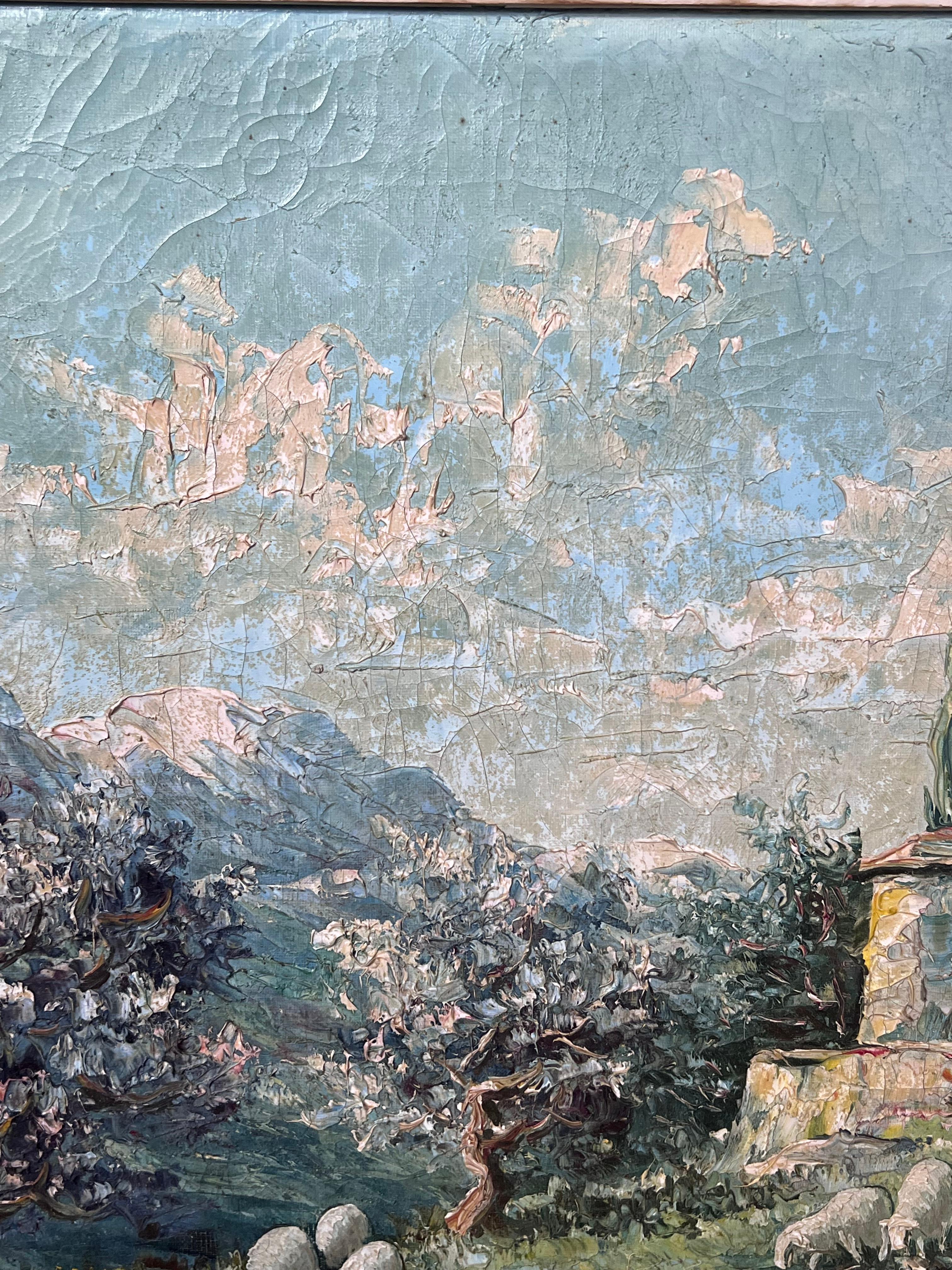 1930s French Impressionist Signed Oil Painting Sheep Grazing Provencal Landscape For Sale 3