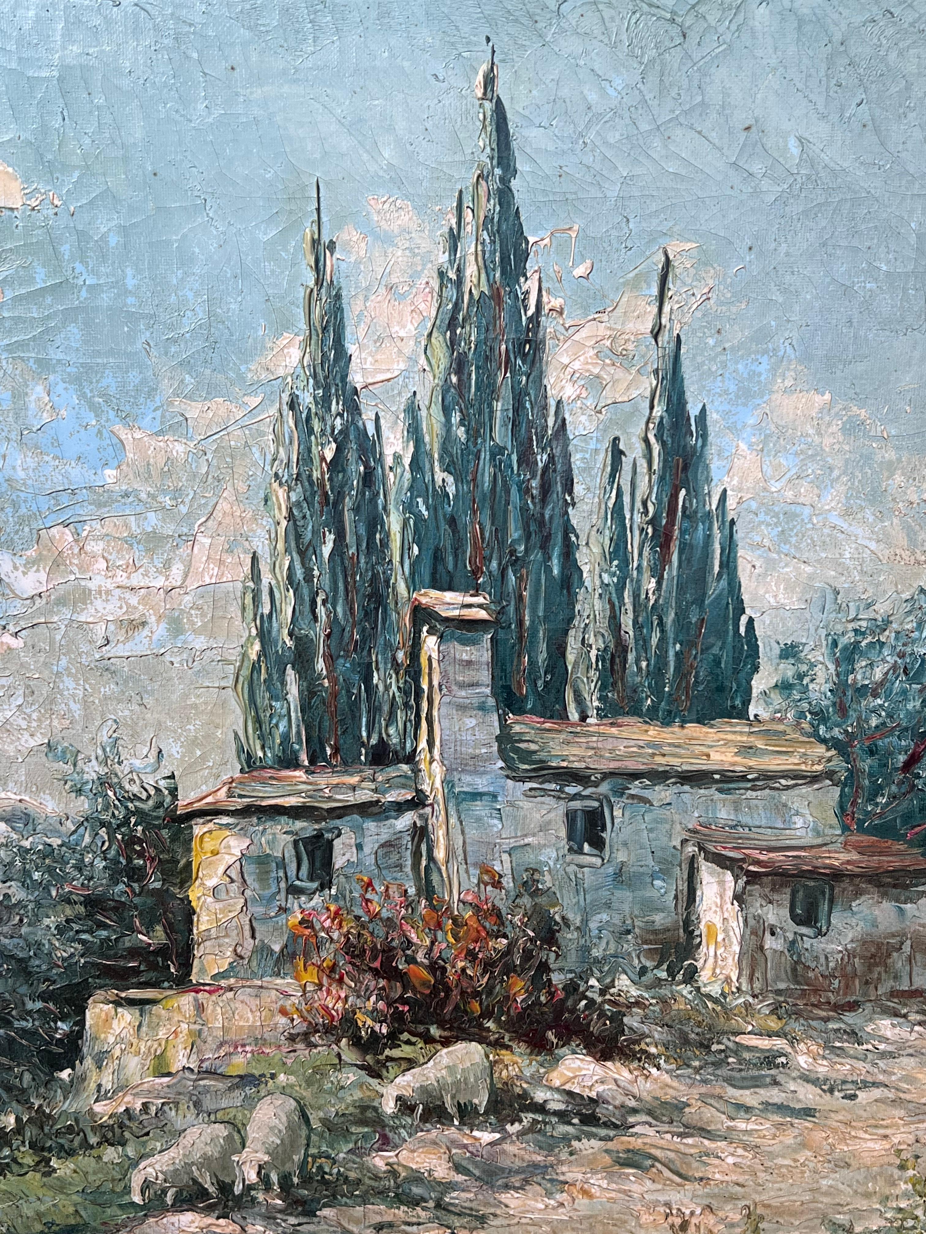 1930s French Impressionist Signed Oil Painting Sheep Grazing Provencal Landscape For Sale 4