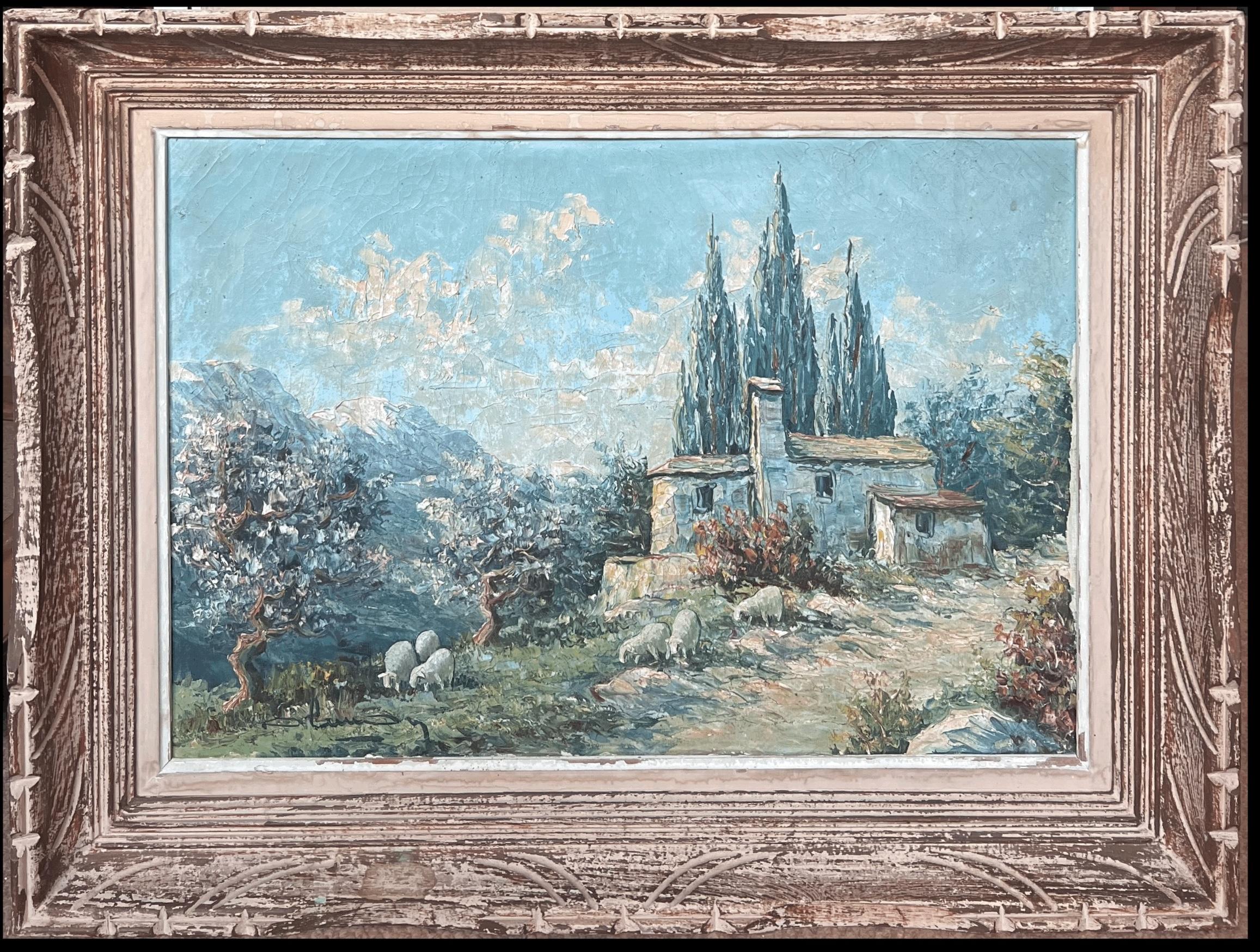 Early 20th Century French School Animal Painting - 1930s French Impressionist Signed Oil Painting Sheep Grazing Provencal Landscape