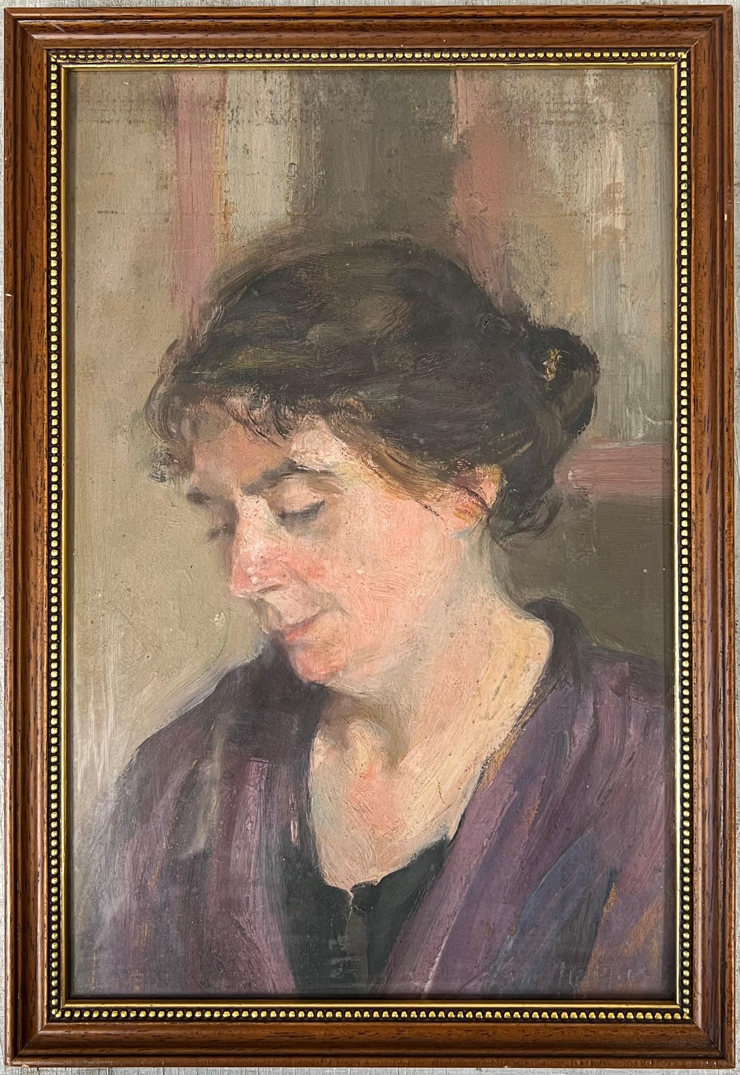 Óleo francés de 1930 Retrato introspectivo de una mujer profundamente pensativa - Painting de French School