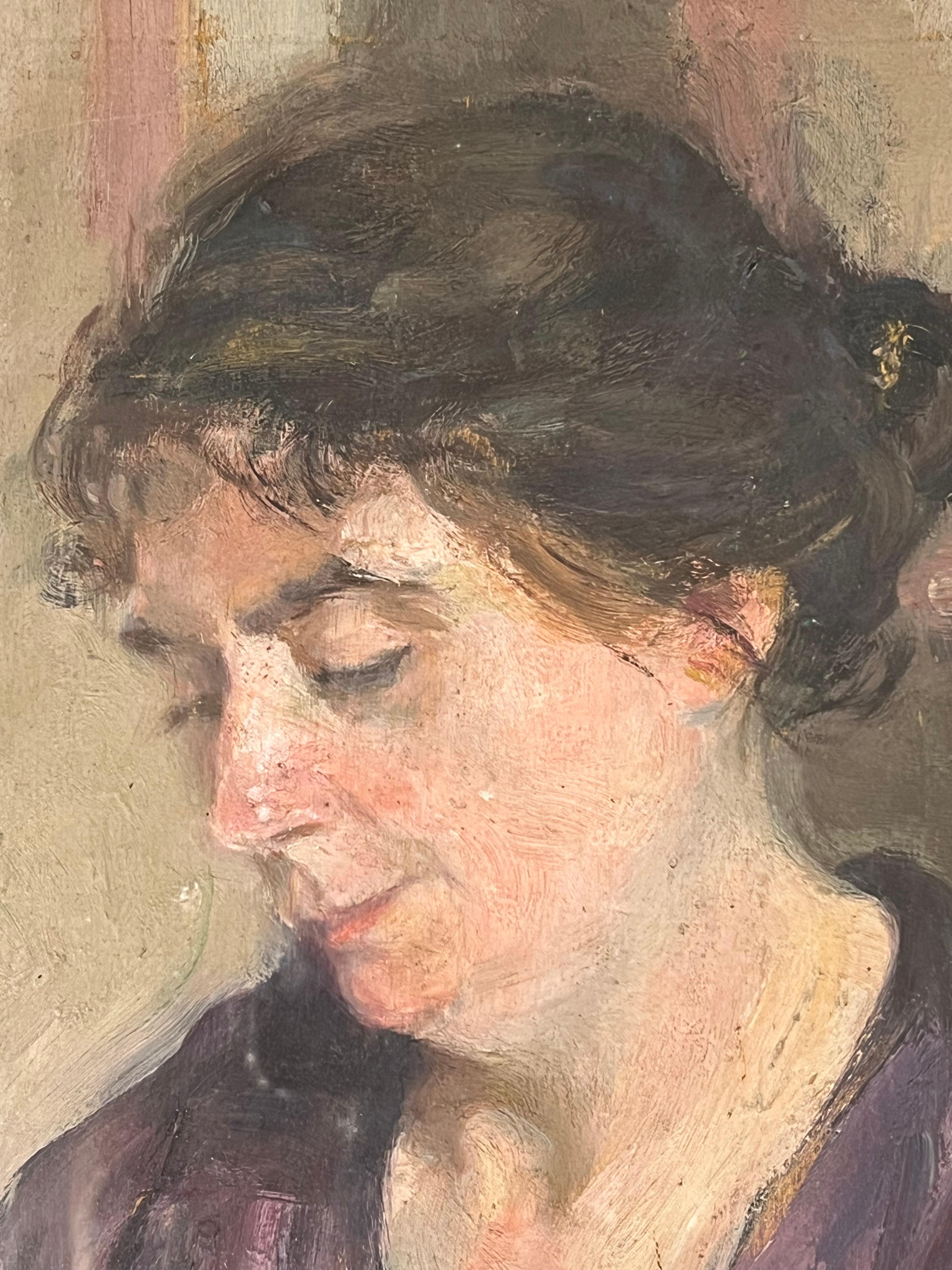 Óleo francés de 1930 Retrato introspectivo de una mujer profundamente pensativa - Painting Posimpresionista de French School
