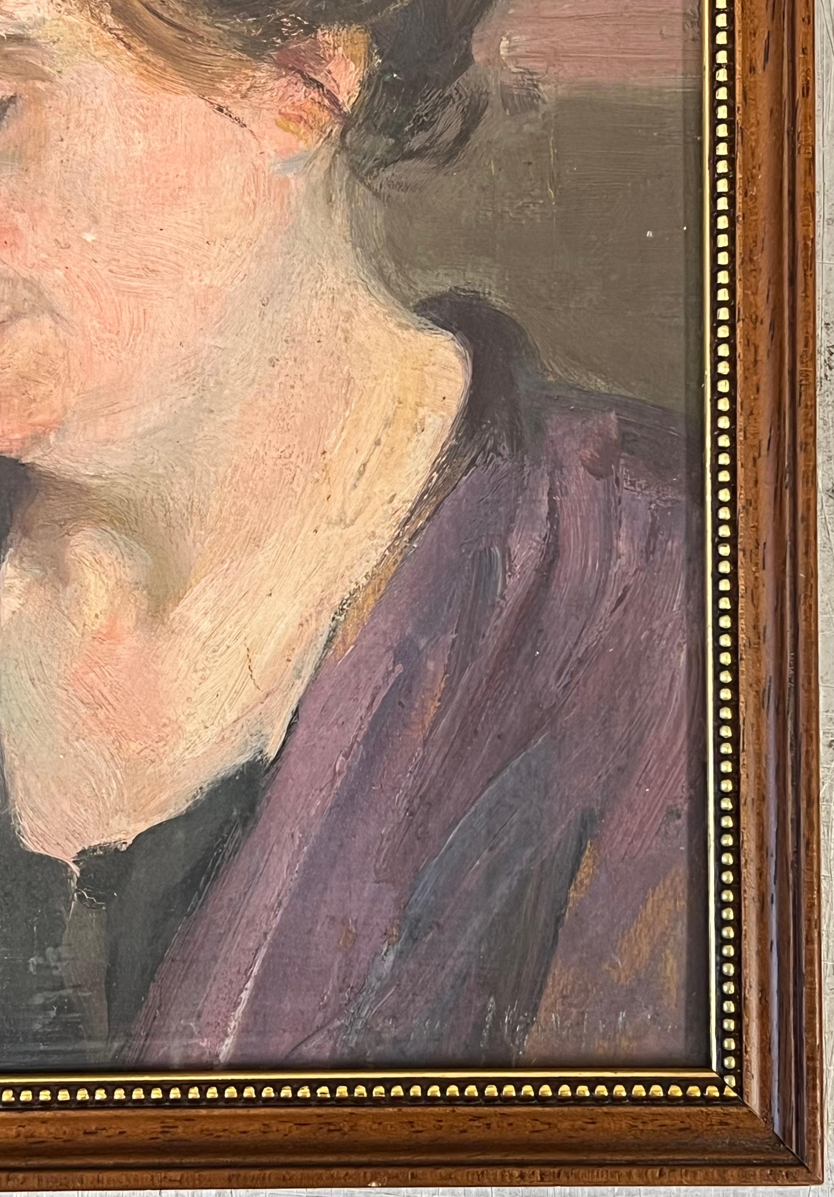 Óleo francés de 1930 Retrato introspectivo de una mujer profundamente pensativa - Figurative Painting Marrón de French School