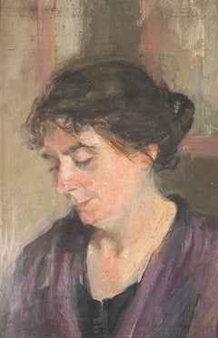 Antique 1930's French Oil Painting Introspective Portrait of a Woman in Deep Thought