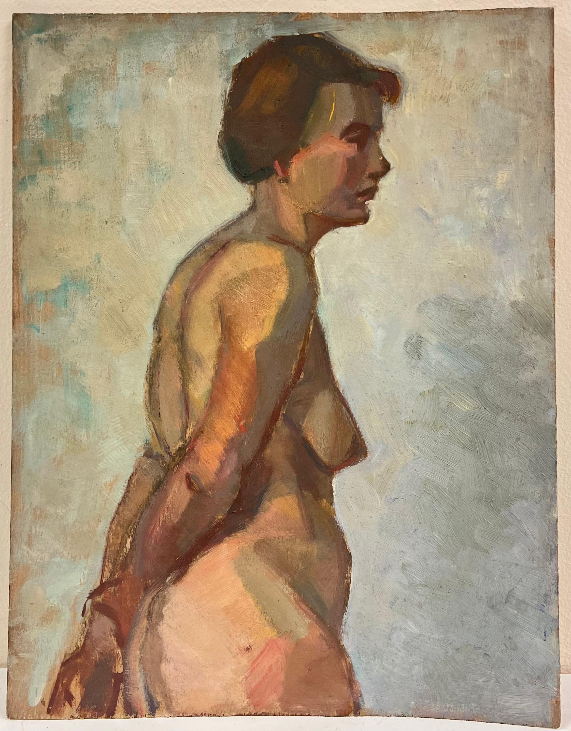 Pintura al óleo francesa de 1930 Retrato de dama desnuda de pie Imagen de doble cara - Painting de French School