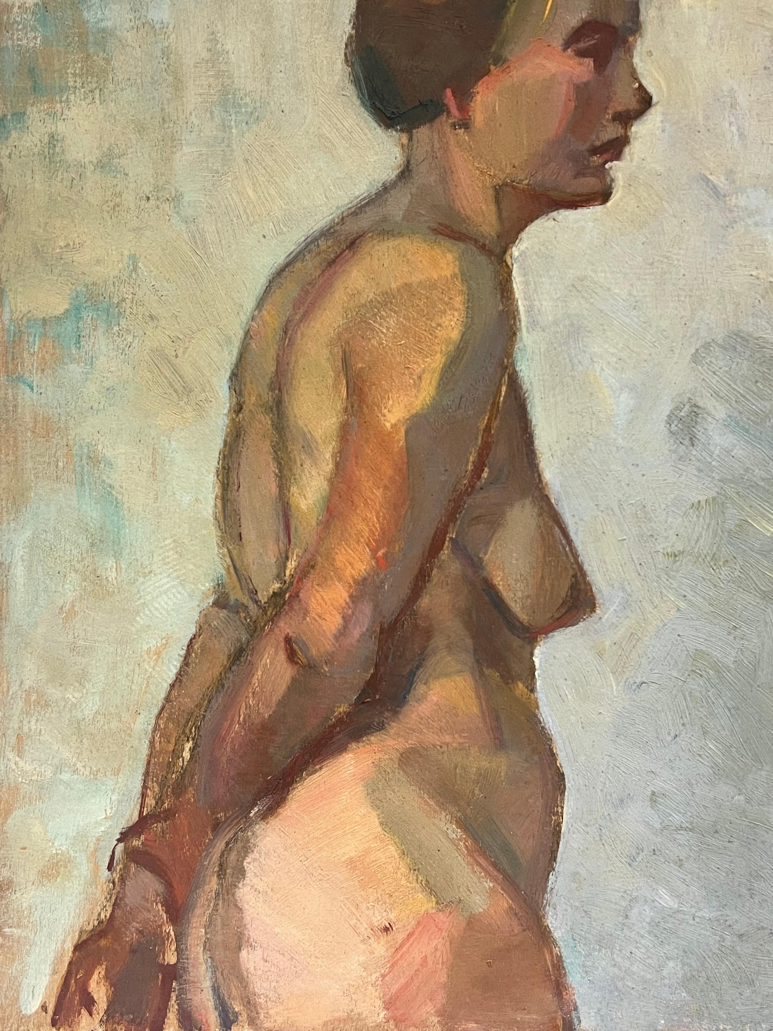Pintura al óleo francesa de 1930 Retrato de dama desnuda de pie Imagen de doble cara - Painting Posimpresionista de French School