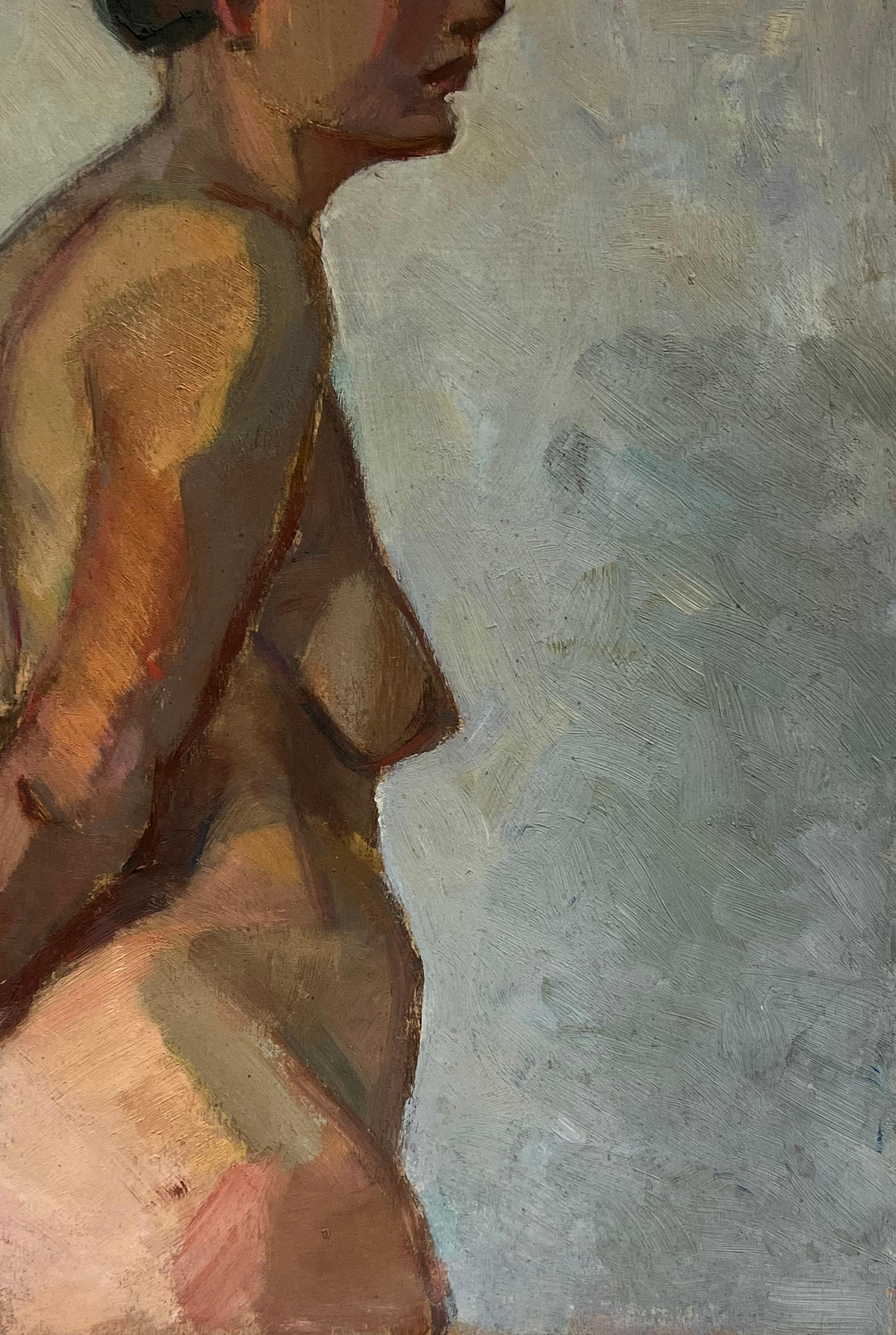 Pintura al óleo francesa de 1930 Retrato de dama desnuda de pie Imagen de doble cara - Figurative Painting Marrón de French School