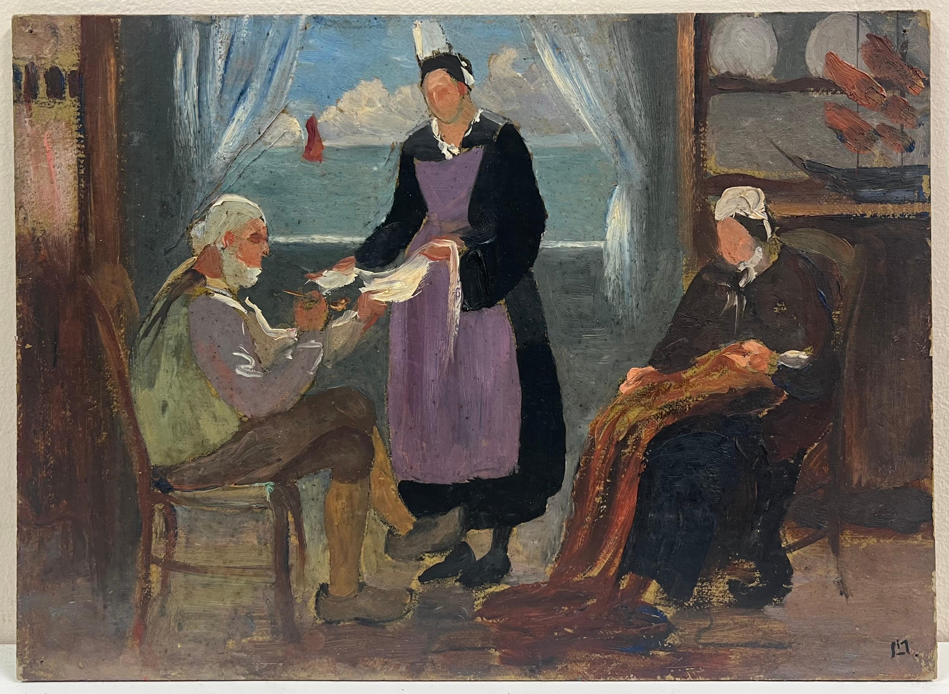 Pittura a olio francese del 1930: interno di un cottage di pescatori in riva al mare con figure - Painting di French School