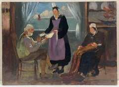 1930's French Oil Painting Seaside Fishermans Cottage Interior with Figures
