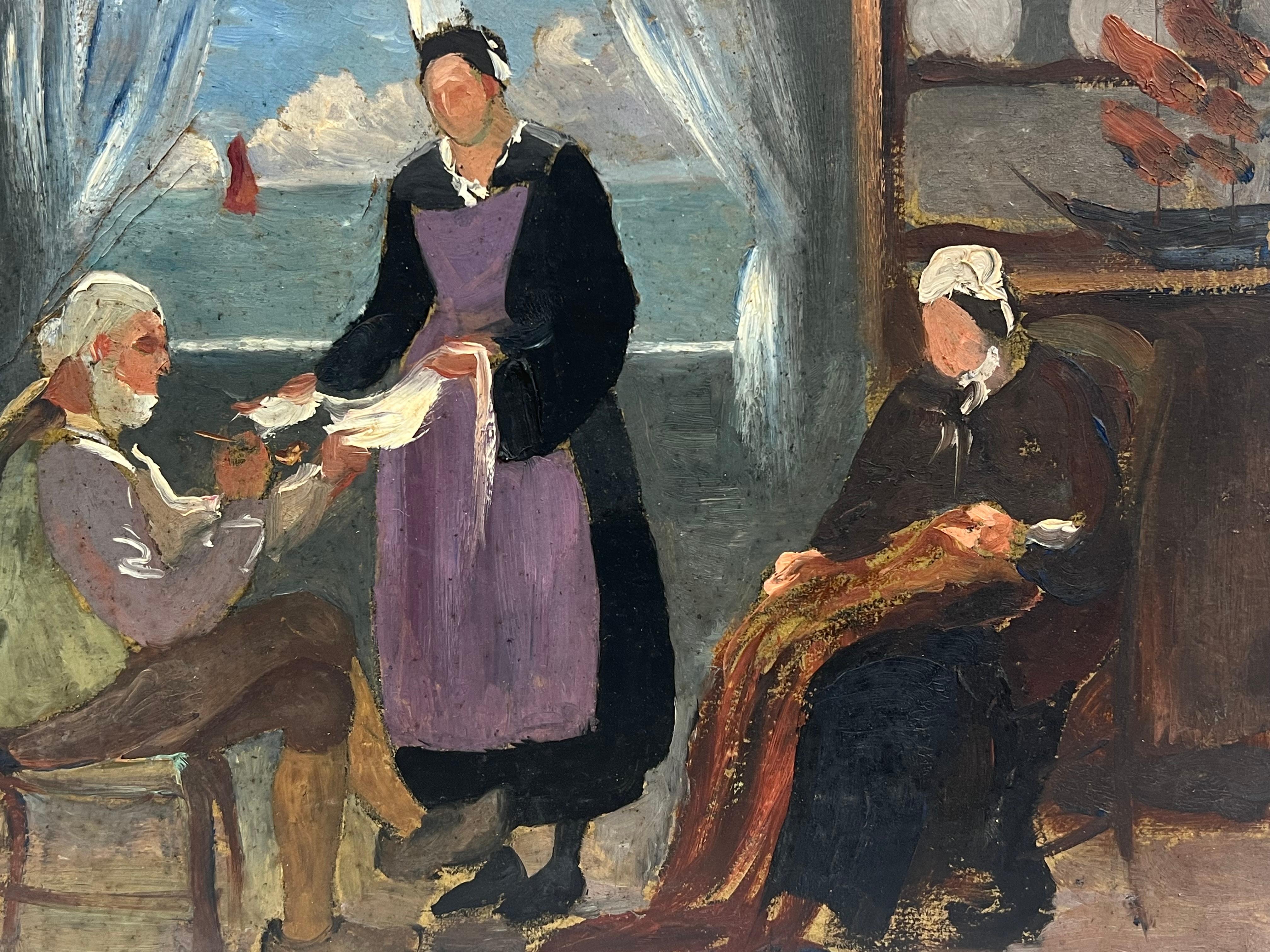 Pittura a olio francese del 1930: interno di un cottage di pescatori in riva al mare con figure - Painting Postimpressionismo di French School