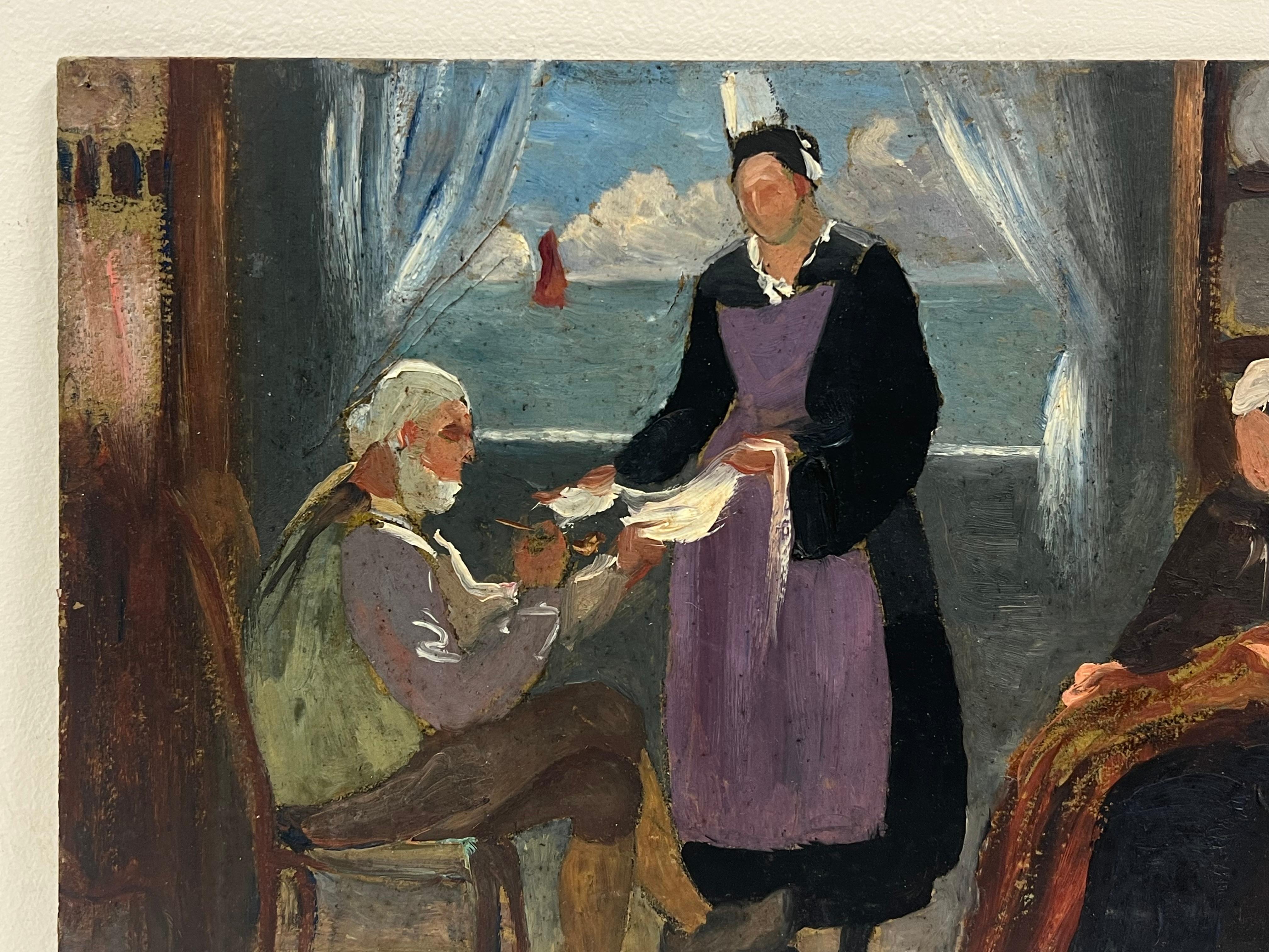 Pittura a olio francese del 1930: interno di un cottage di pescatori in riva al mare con figure - Interior Painting Nero di French School