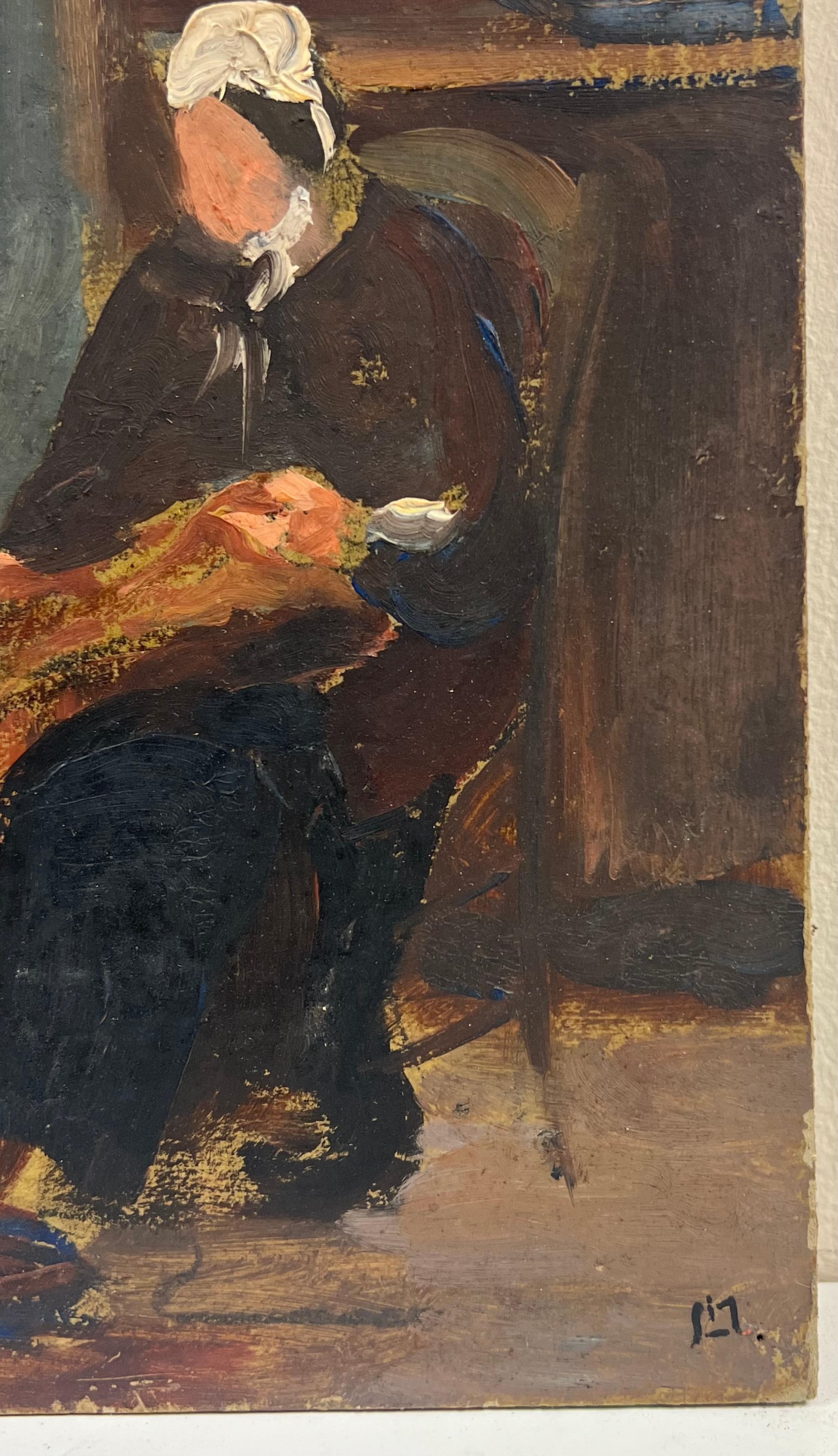 Pittura a olio francese del 1930: interno di un cottage di pescatori in riva al mare con figure in vendita 1