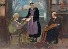 Französisches Ölgemälde am Meer, Fischerhaus, Inneneinrichtung mit Figuren, 1930er Jahre