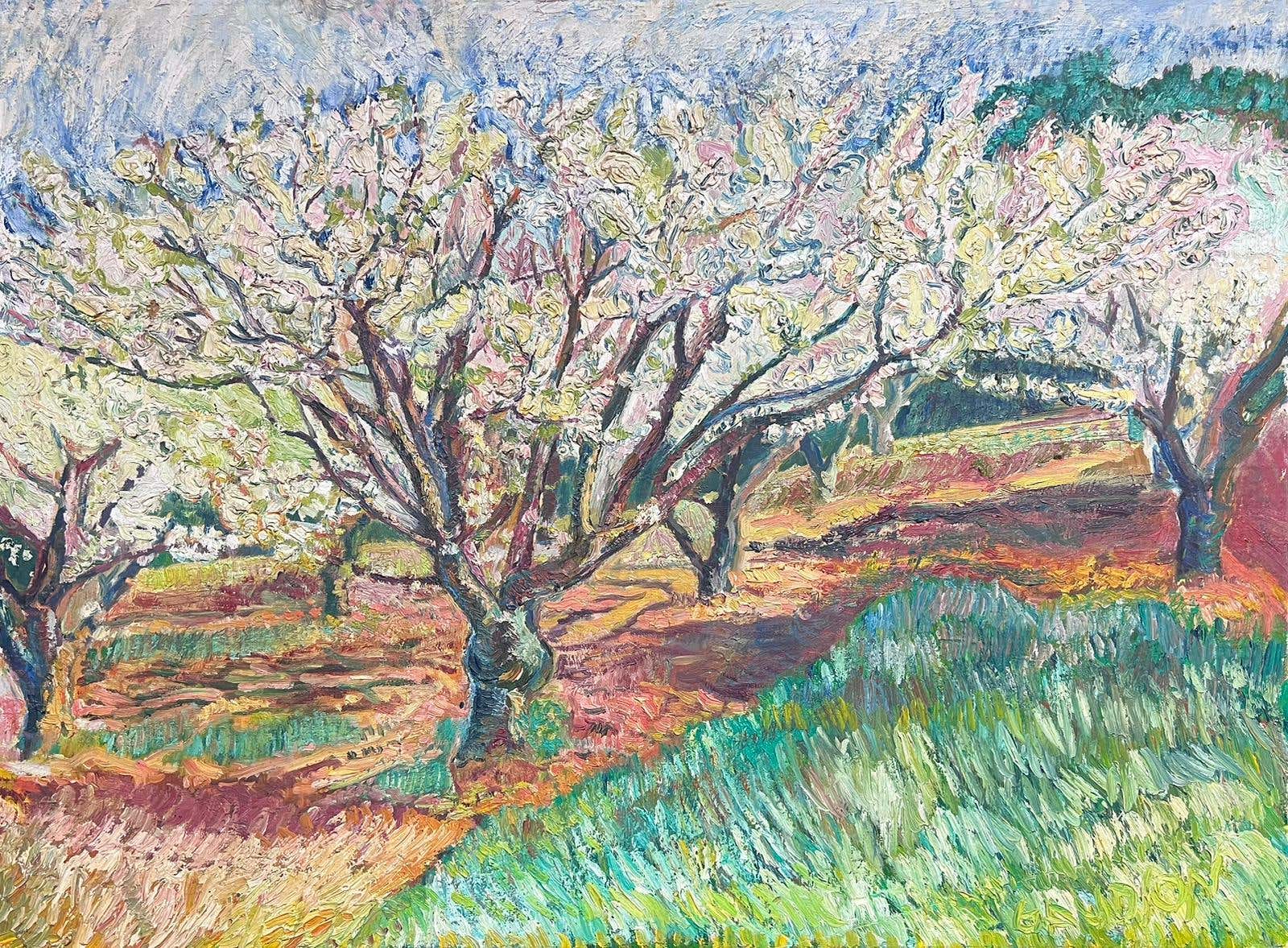 Grande peinture à l'huile post-impressionniste française des années 1930 représentant des oliveraies en Provence