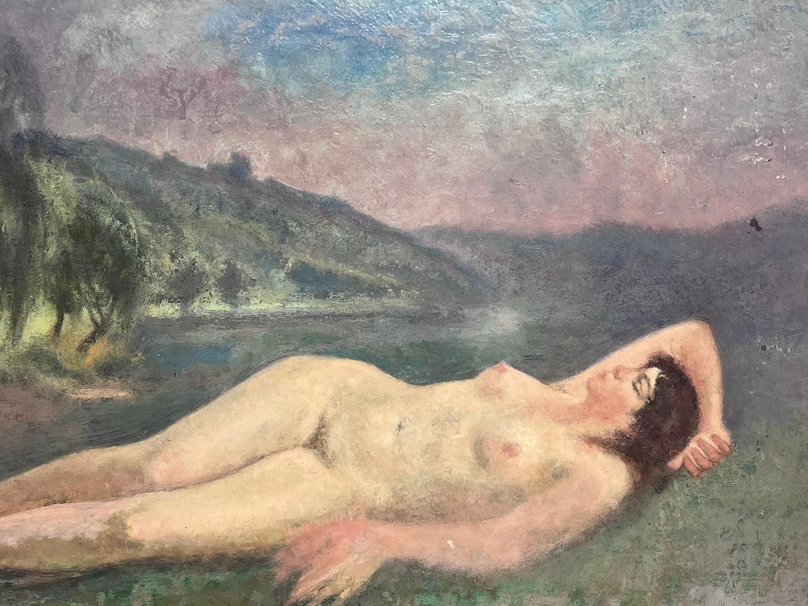 1930's Französisch Post Impressionist Ölgemälde Nude Lady Reclining in Wiese – Painting von French School