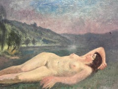 1930's French Post Impressionist Oil Painting Nude Lady Reclining in Meadow