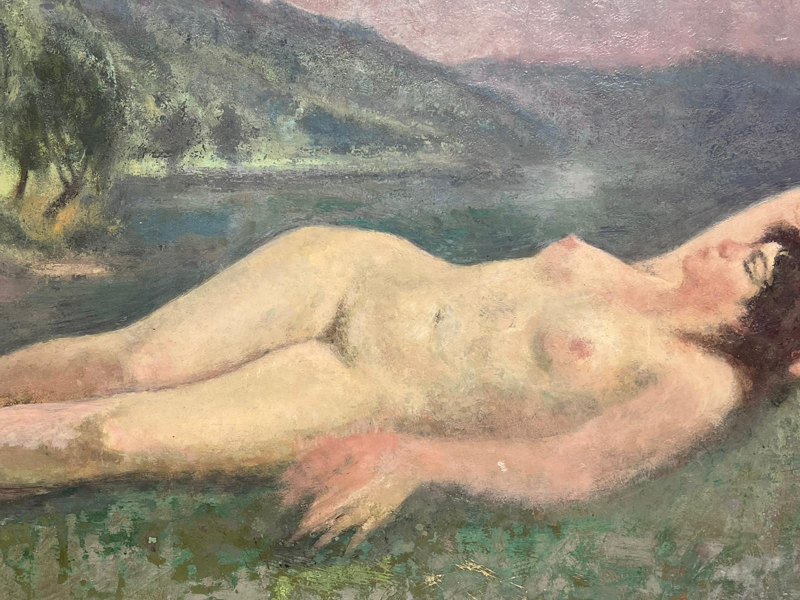 1930's French Post Impressionist Oil Painting Nude Lady Reclining in Meadow For Sale 1