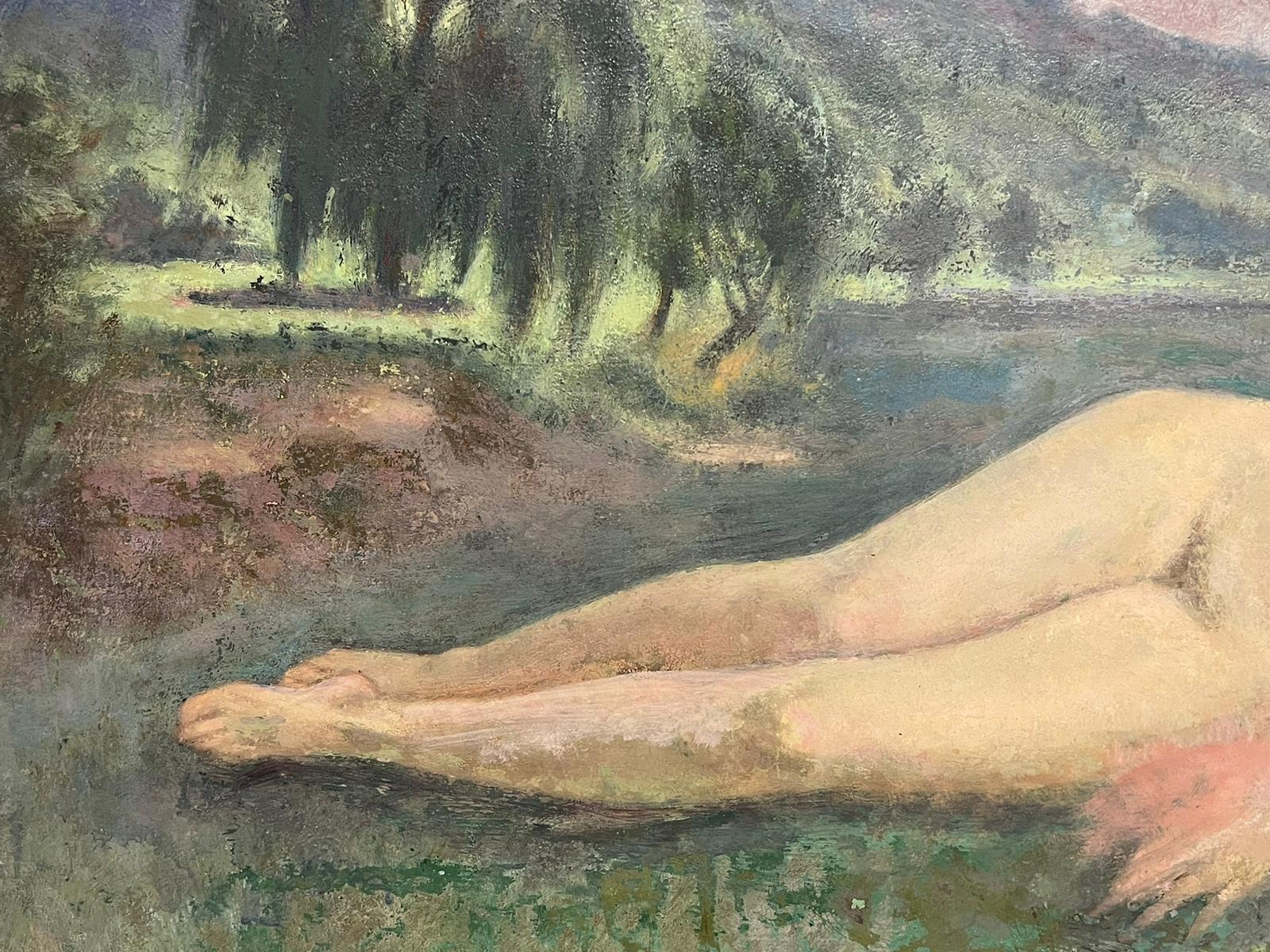 1930's Französisch Post Impressionist Ölgemälde Nude Lady Reclining in Wiese im Angebot 1