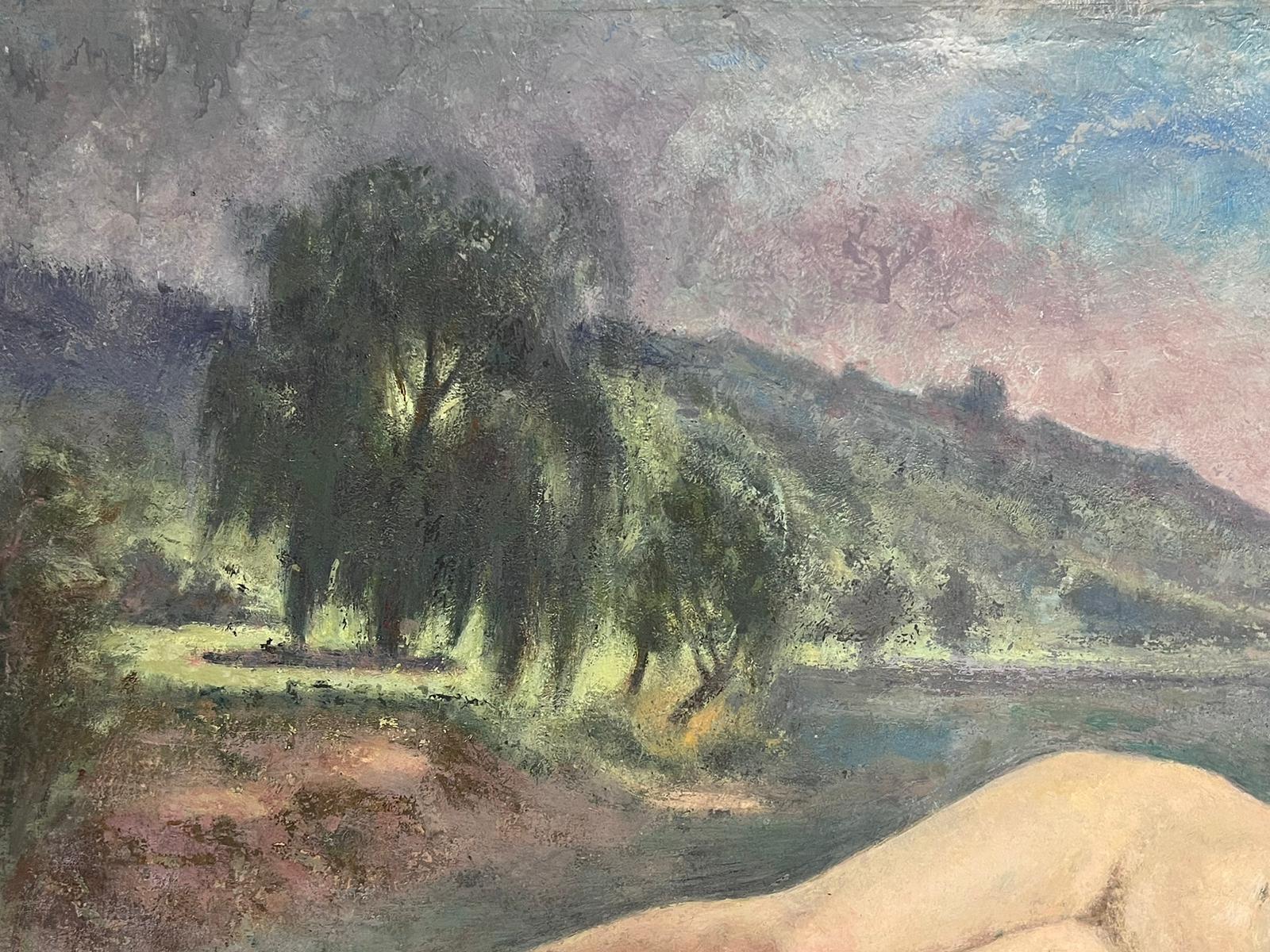 1930's French Post Impressionist Oil Painting Nude Lady Reclining in Meadow For Sale 3