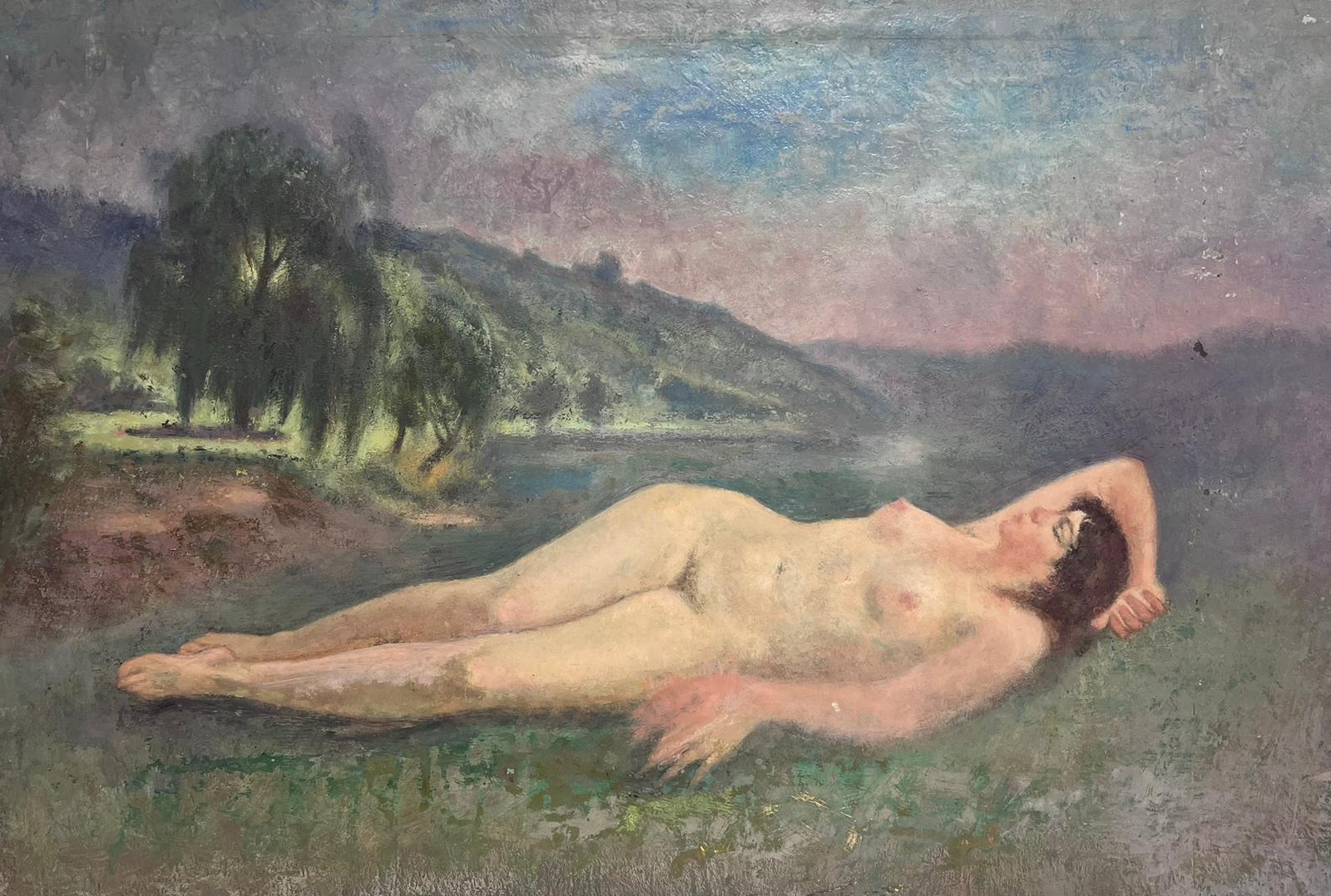 French School Figurative Painting - 1930's French Post Impressionist Oil Painting Nude Lady Reclining in Meadow