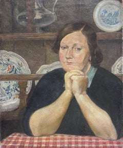 1930's French Post Impressionist Oil Painting Portrait of Lady Seated in Kitchen