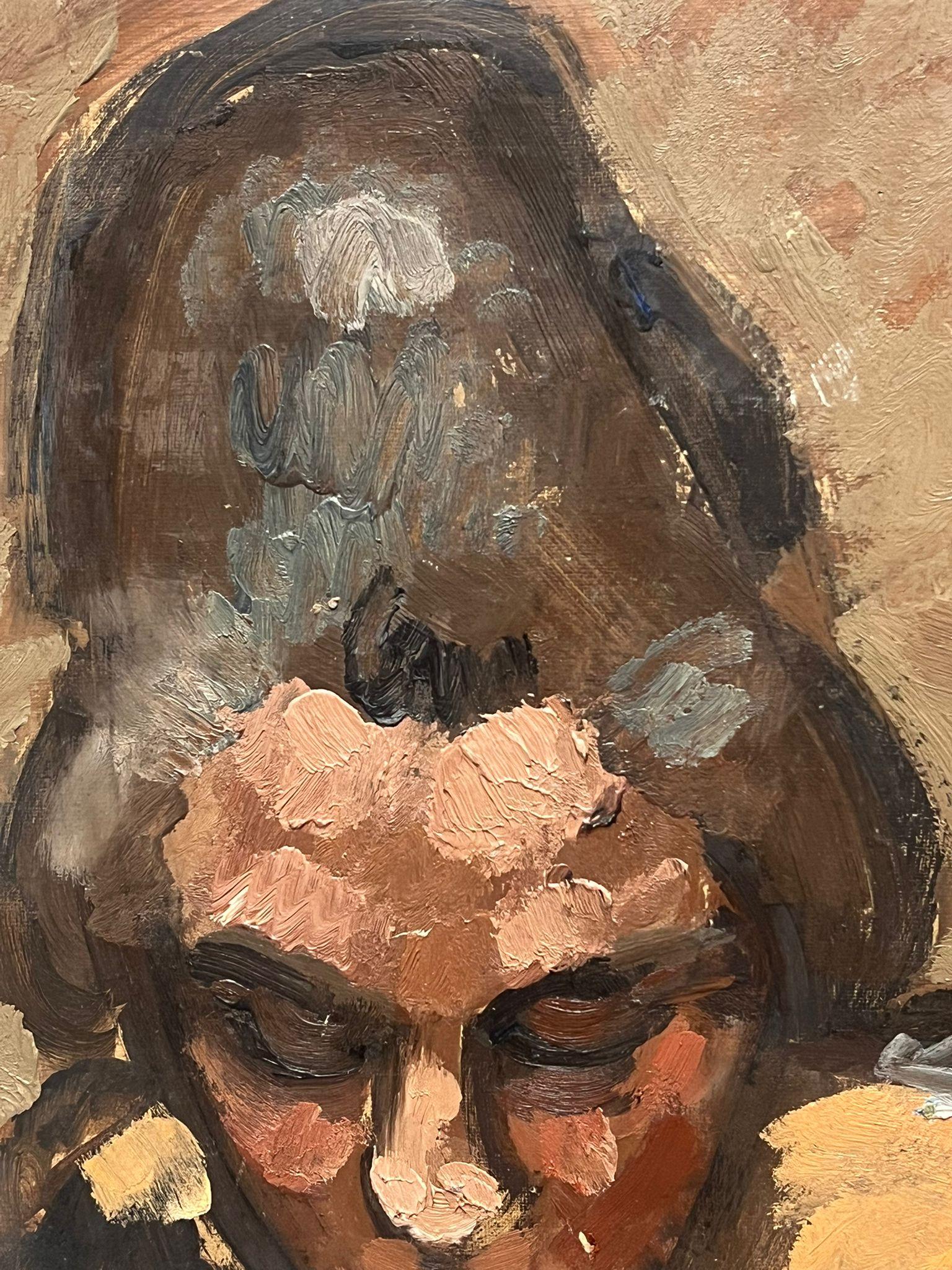 Portrait à l'huile post-impressionniste français des années 1930 d'une femme pensive - Marron Figurative Painting par French School