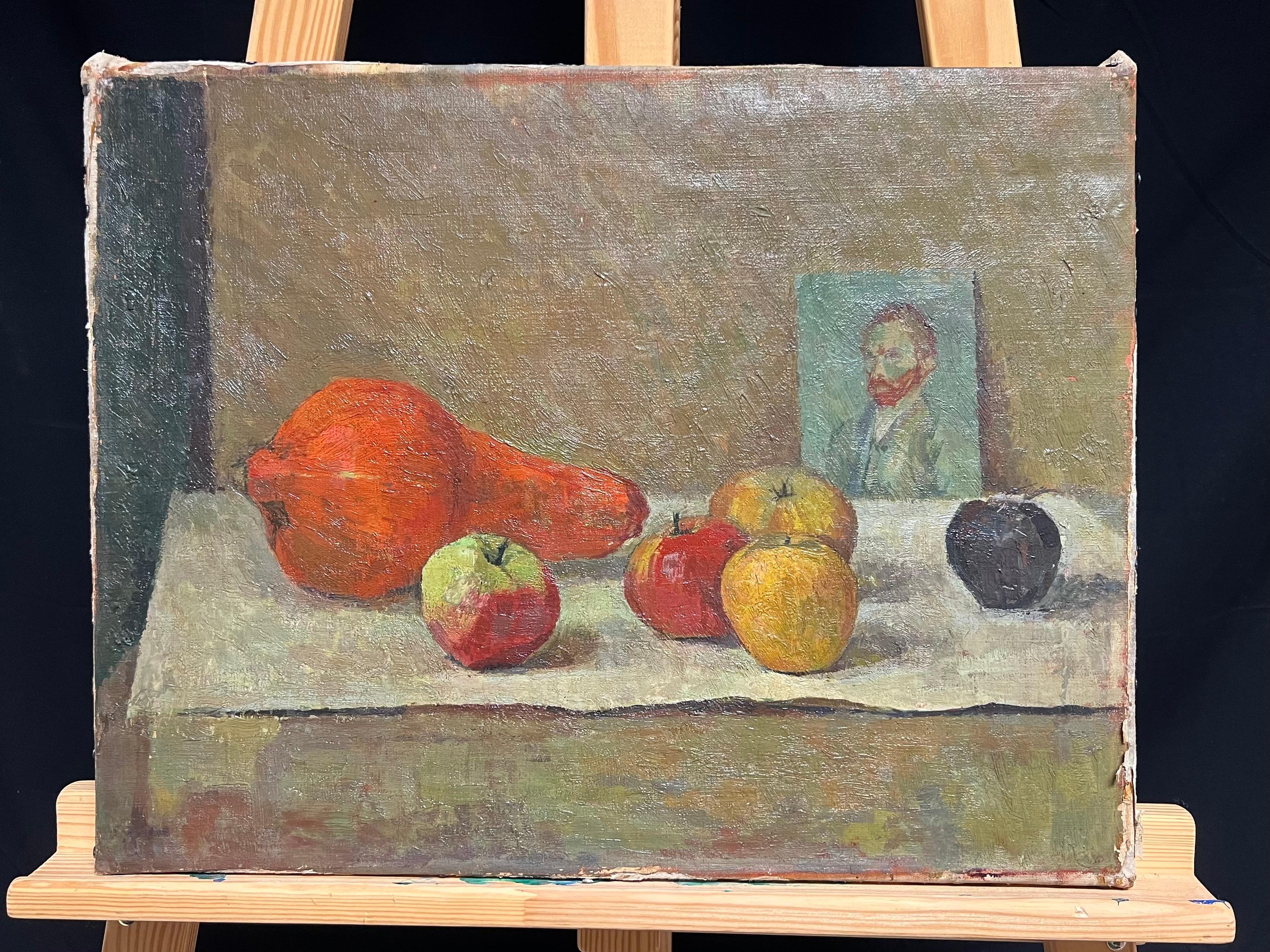 1930's French Post-Impressionist Oil Still Life Fruit & Portrait of Van Gogh - Painting by French School