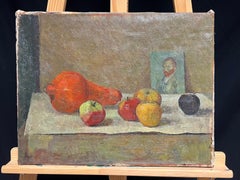 1930's French Post-Impressionist Oil Still Life Fruit & Portrait of Van Gogh