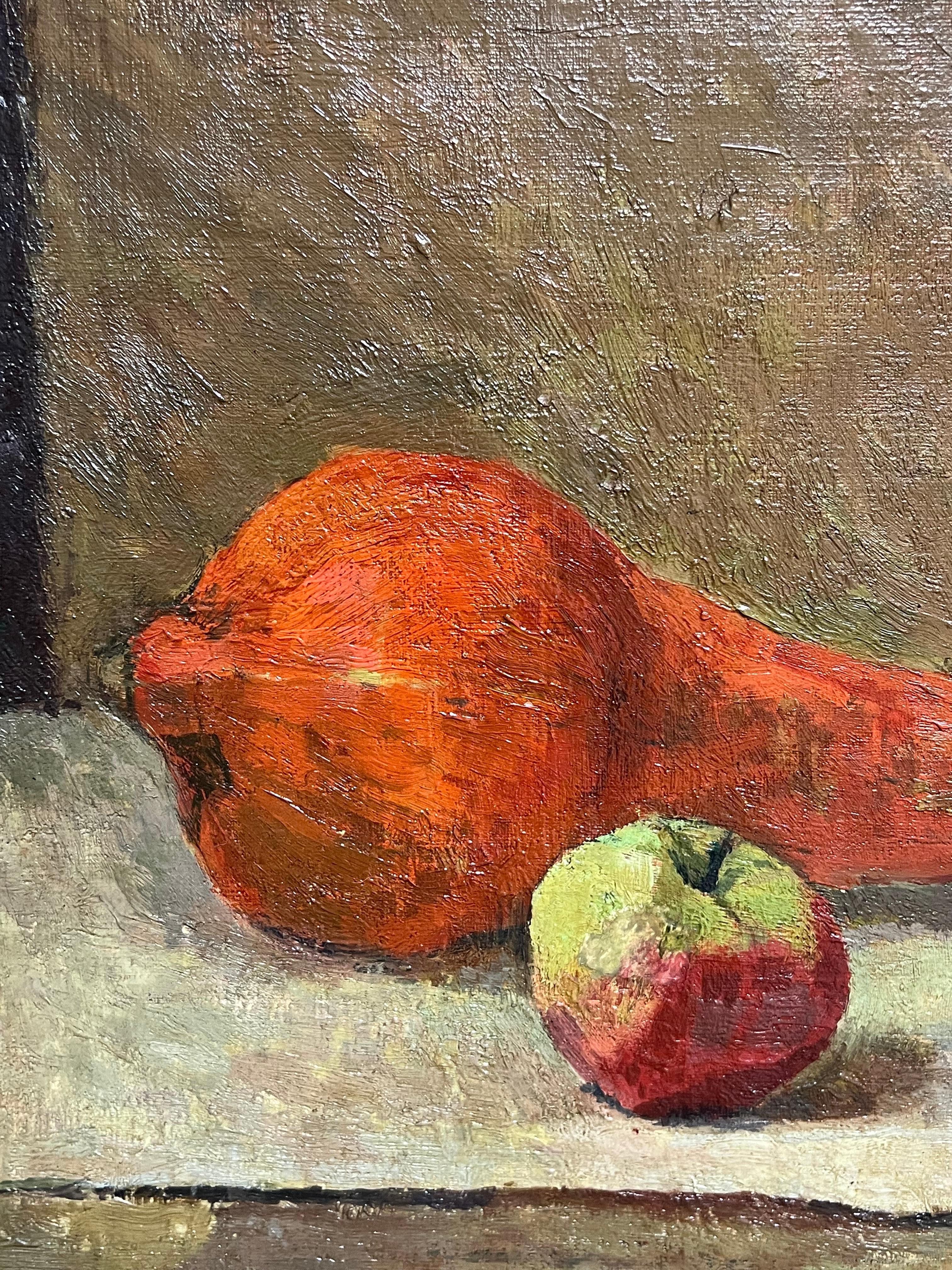1930's French Post-Impressionist Oil Still Life Fruit & Portrait of Van Gogh - Brown Still-Life Painting by French School