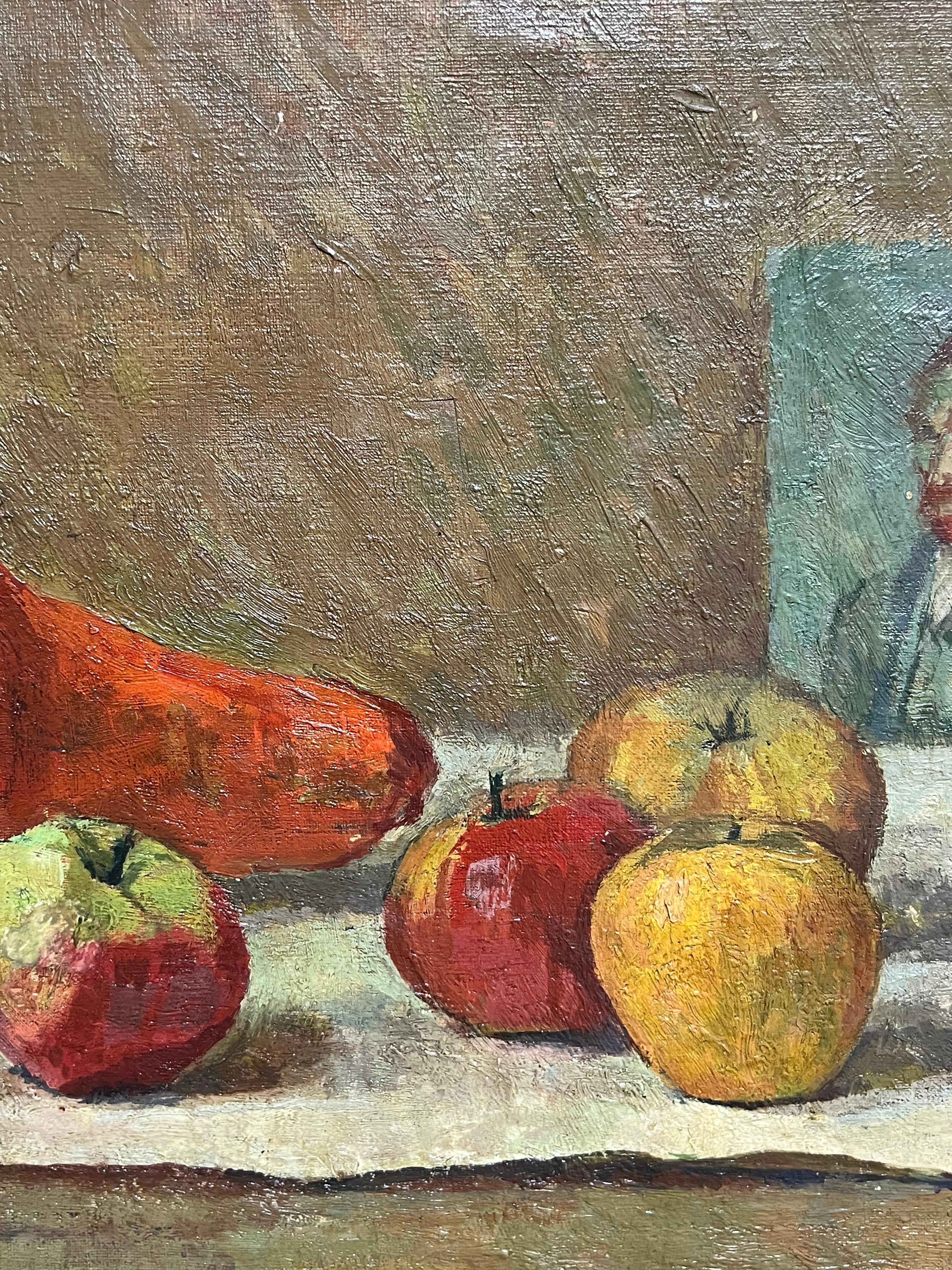 French Post-Impressionist, circa 1930's
Interior Still Life
oil on canvas, unframed
Canvas: 14 x 18 inches
Stamped canvas
Provenance: private collection, UK
Condition: very good condition 

Description:
This intriguing mid-20th-century still life