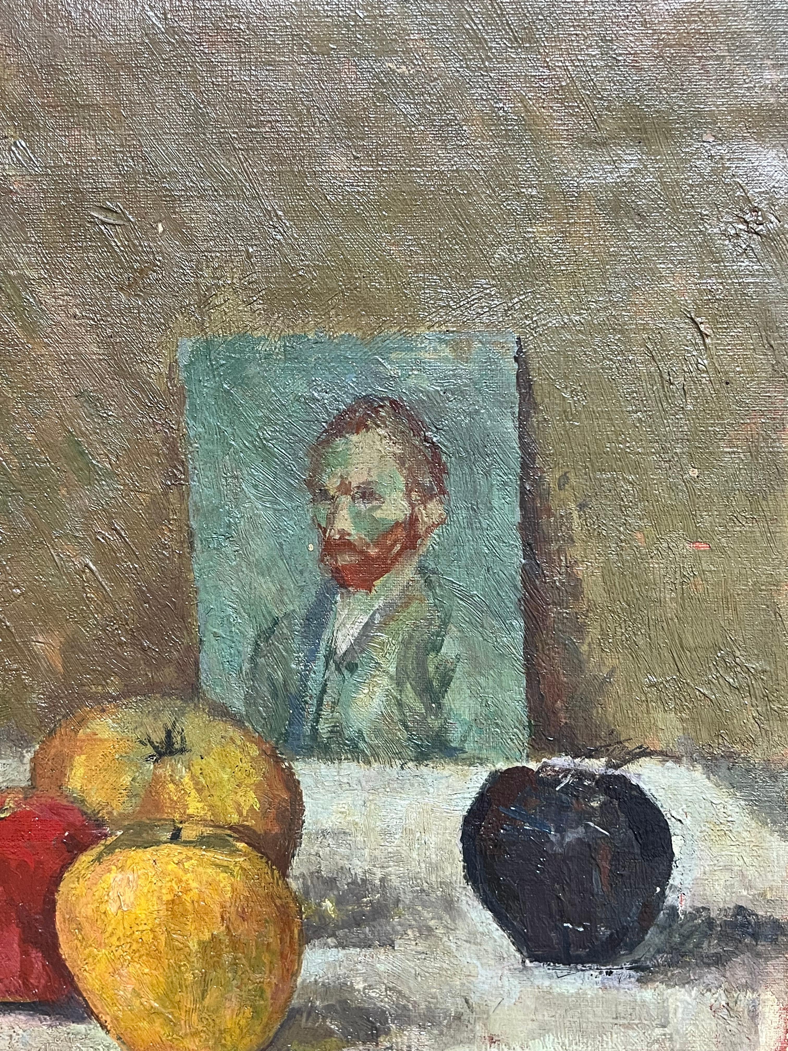 1930's French Post-Impressionist Oil Still Life Fruit & Portrait of Van Gogh For Sale 1