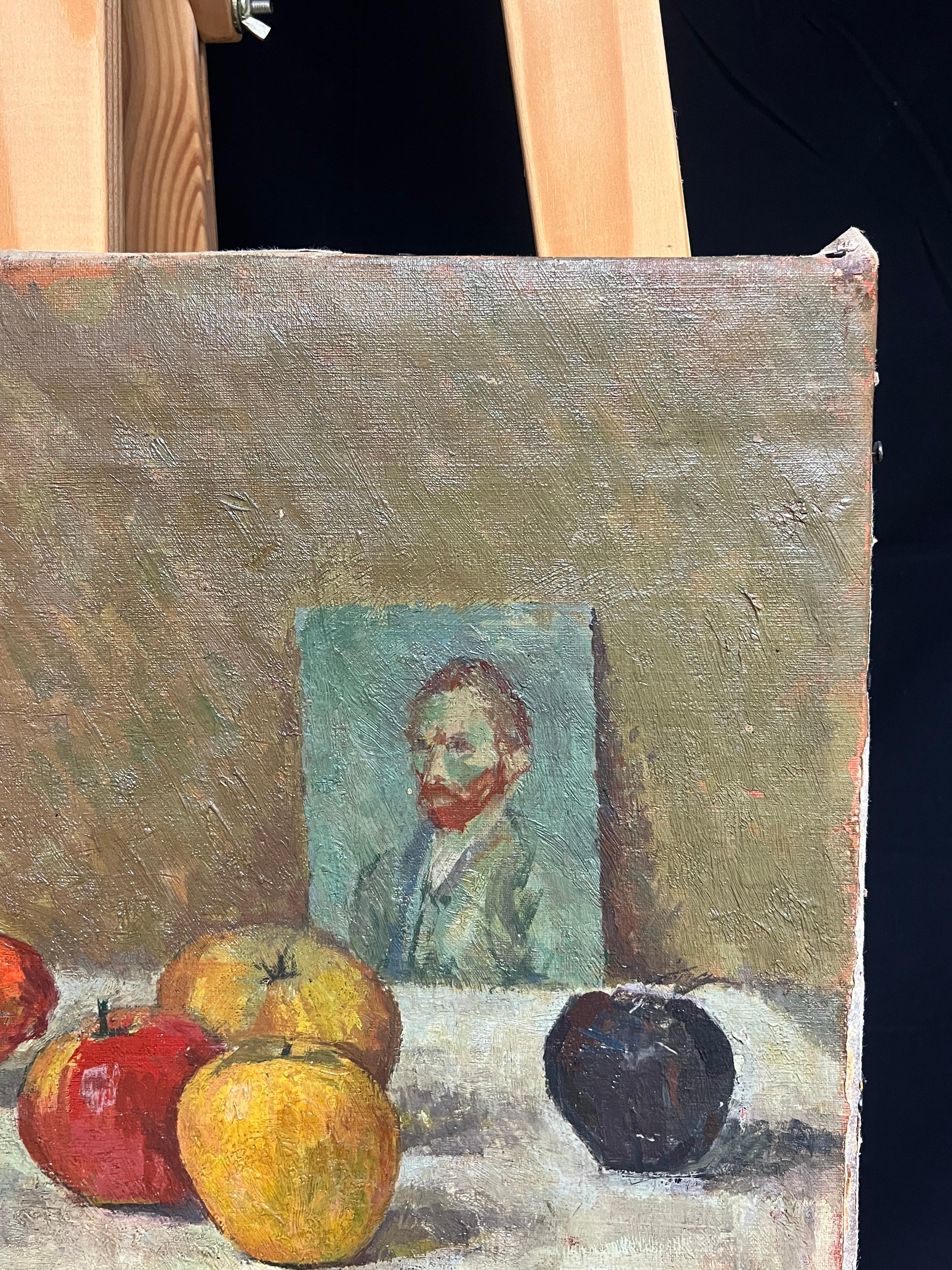1930's French Post-Impressionist Oil Still Life Fruit & Portrait of Van Gogh For Sale 2