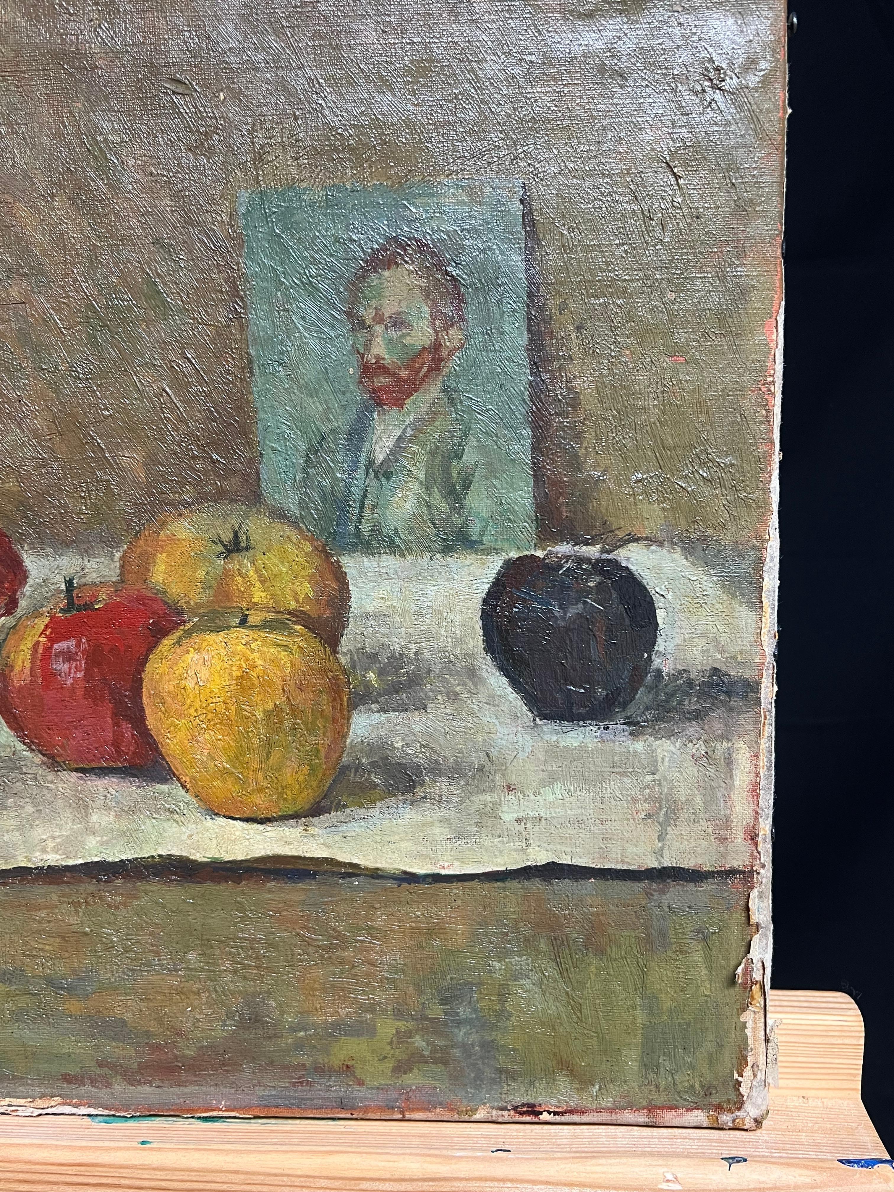 1930's French Post-Impressionist Oil Still Life Fruit & Portrait of Van Gogh For Sale 3