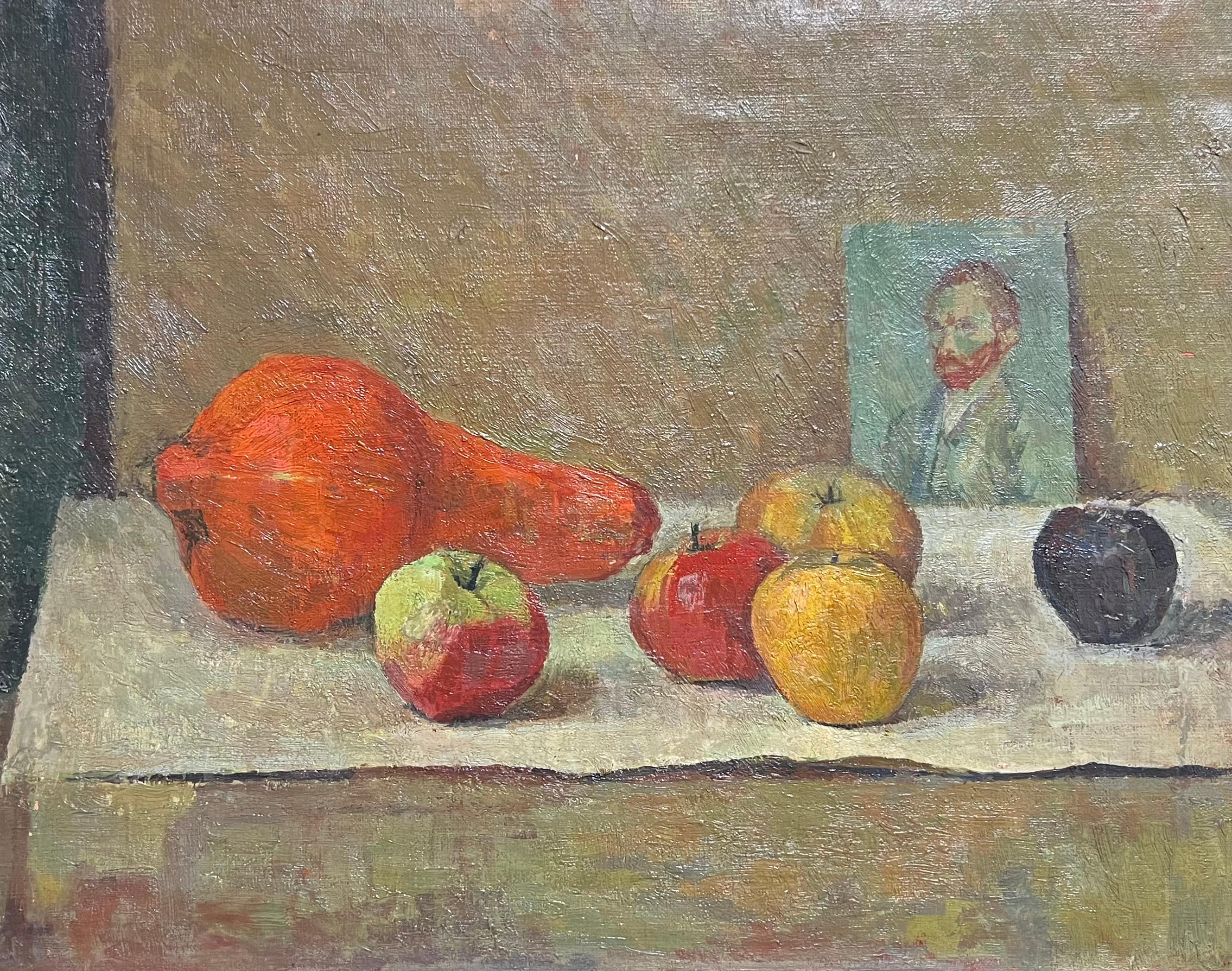 French School Still-Life Painting - 1930's French Post-Impressionist Oil Still Life Fruit & Portrait of Van Gogh